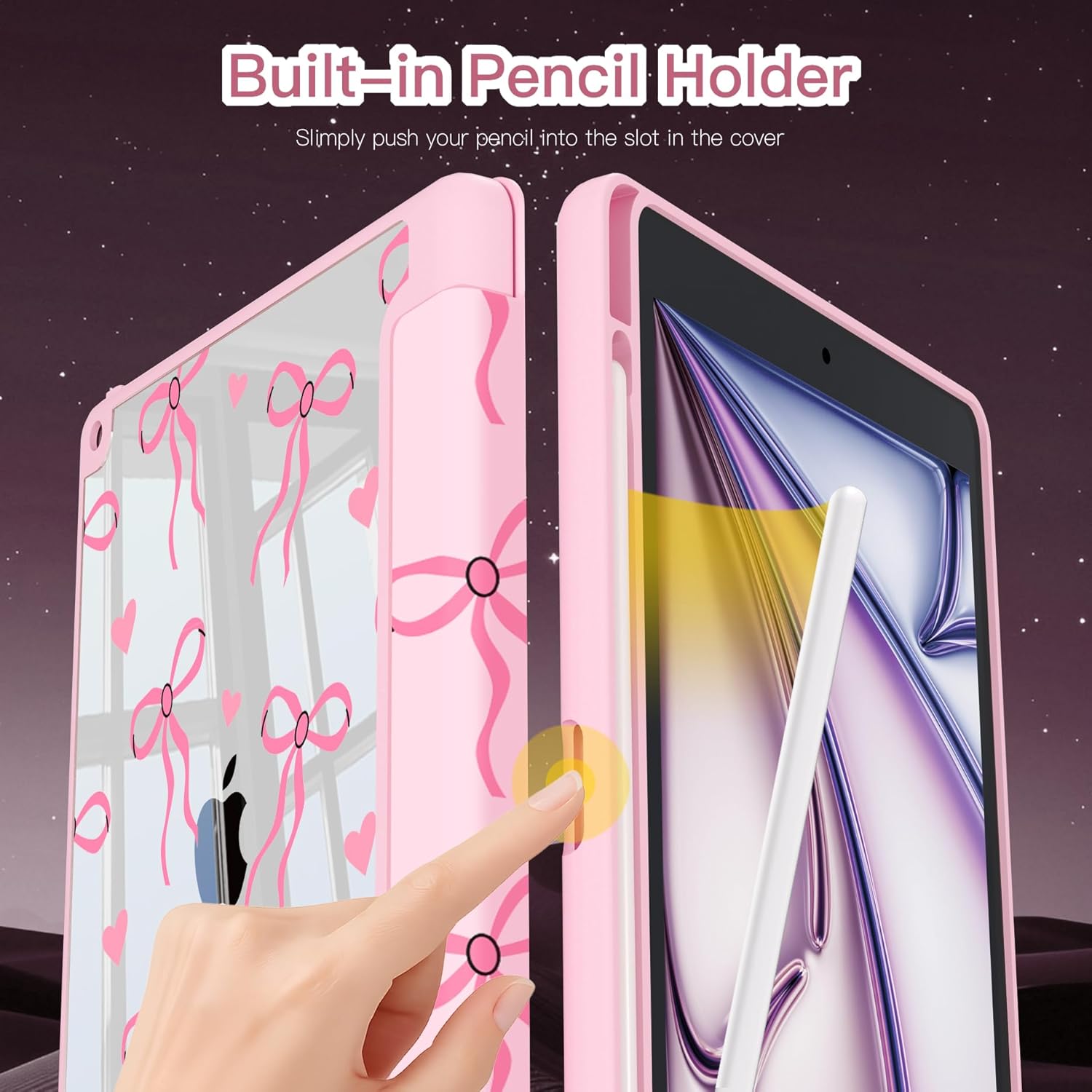 Teryeefi for iPad 9th Generation Case, Clear Back Cover with Pencil Holder & Auto Sleep/Wake for iPad 10.2 inch 9th/8th/7th Generation 2021/2020/2019 - Cute Pink Bow