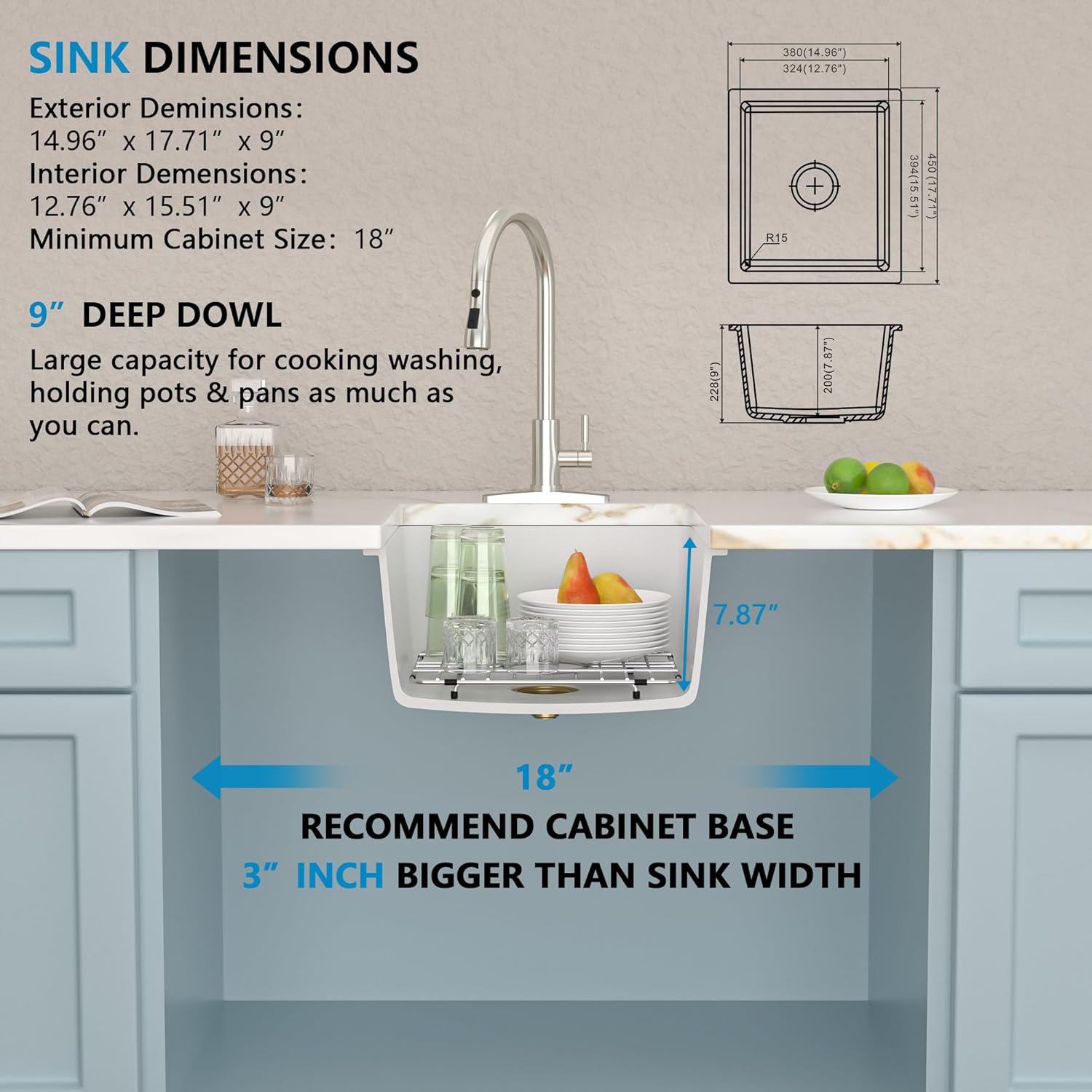 15"x18" Undermount Bar Prep Sink – White Granite Composite Quartz Classic Under Counter Single Bowl Sink Basin for Wet Bar, RV, Small Kitchen, Mobile Home