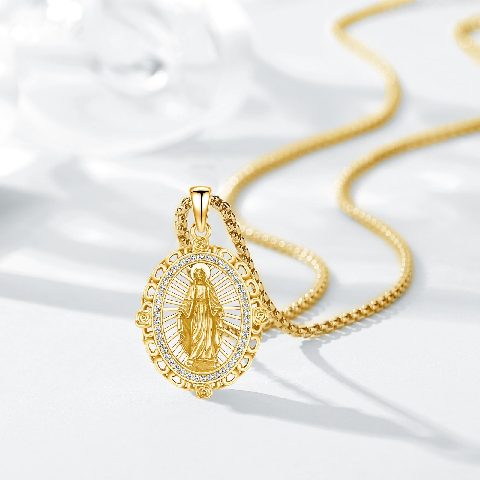 Collana da donna con medaglia miracolosa con fiore di rosa, in argento Sterling 925, collana con Vergine Maria De Guadalupe cattolica amuleto per madre maria religiosa gioielli regali