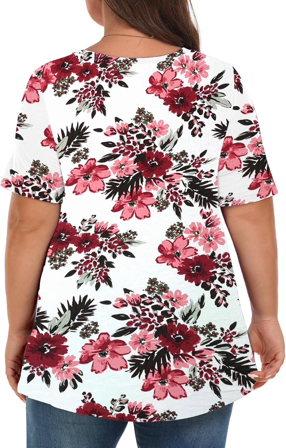Tencede Womens Plus Size Tops Short Sleeve Tunic Shirts V Neck Summer Floral Loose Fit Blouse XL-5X - Image 4