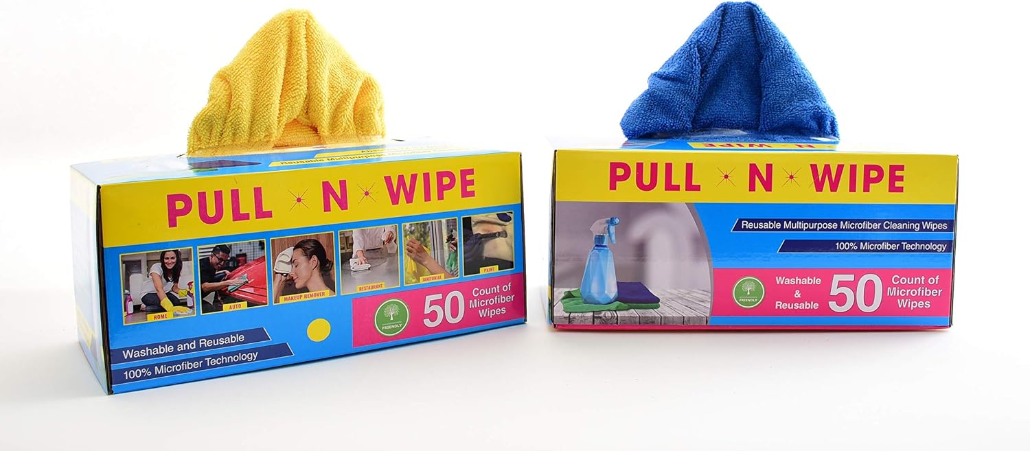 Pull N Wipe 79089 Edgeless Technology Microfiber Cloths, 2 Free Dispenser Boxes, 12"x12", Blue/Yellow, 100 Pack