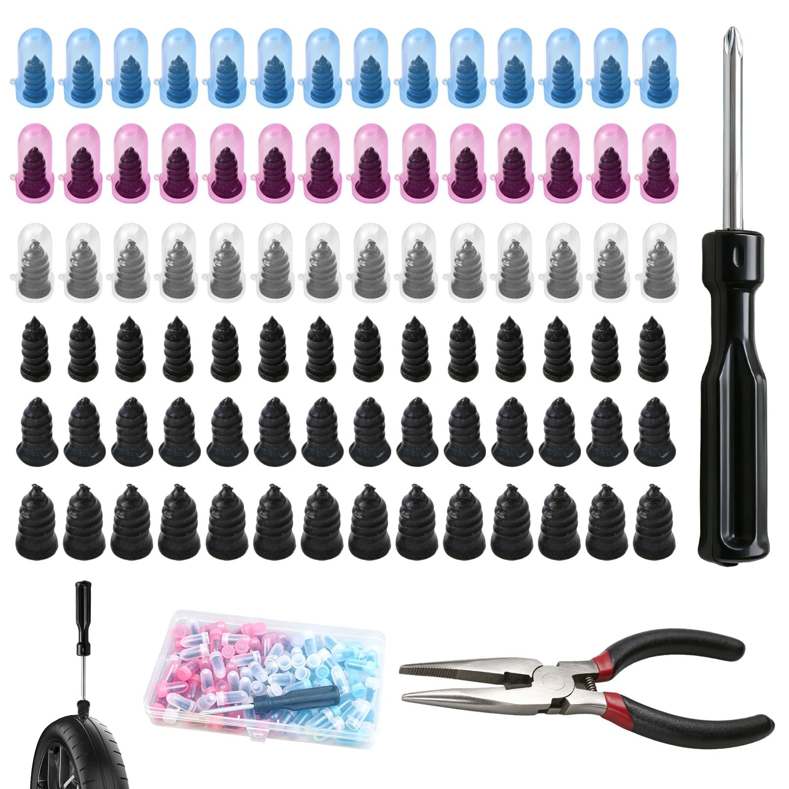 84 Pcs Kit Repara Pinchazos Coche Clavos de Goma para Neumáticos al Vacío con Destornillador y Alicates Reparador Pinchazos Coche Rápido para Moto Bicicleta Camión Kit Antipinchazos Coche