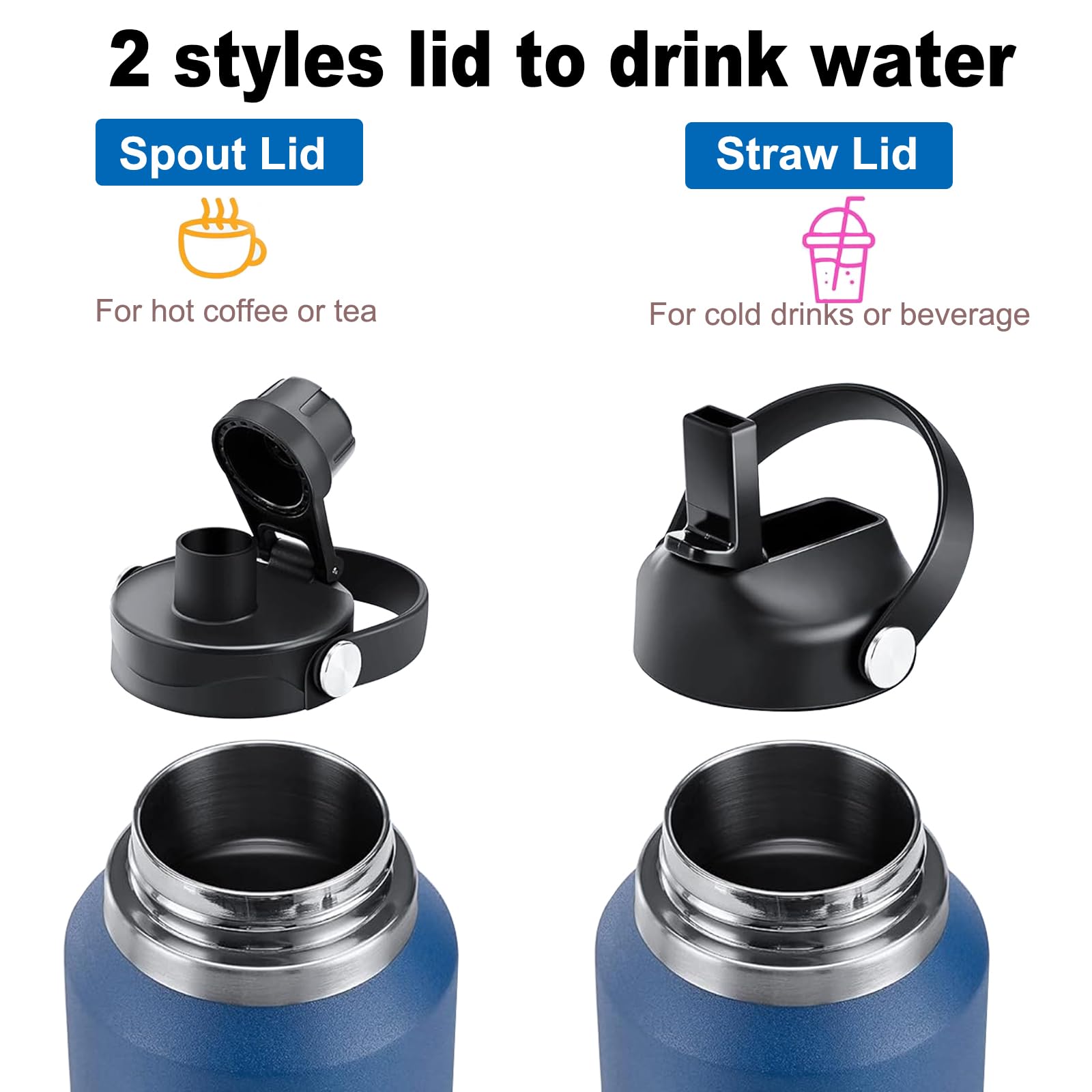900 ml Edelstahl-Wasserflasche mit Strohhalmdeckel, schwarze vakuumisolierte Kinder-Wasserflasche, doppelwandige, breite Öffnung, schweißfeste Sport-Wasserflasche, Thermobecher, schwarz