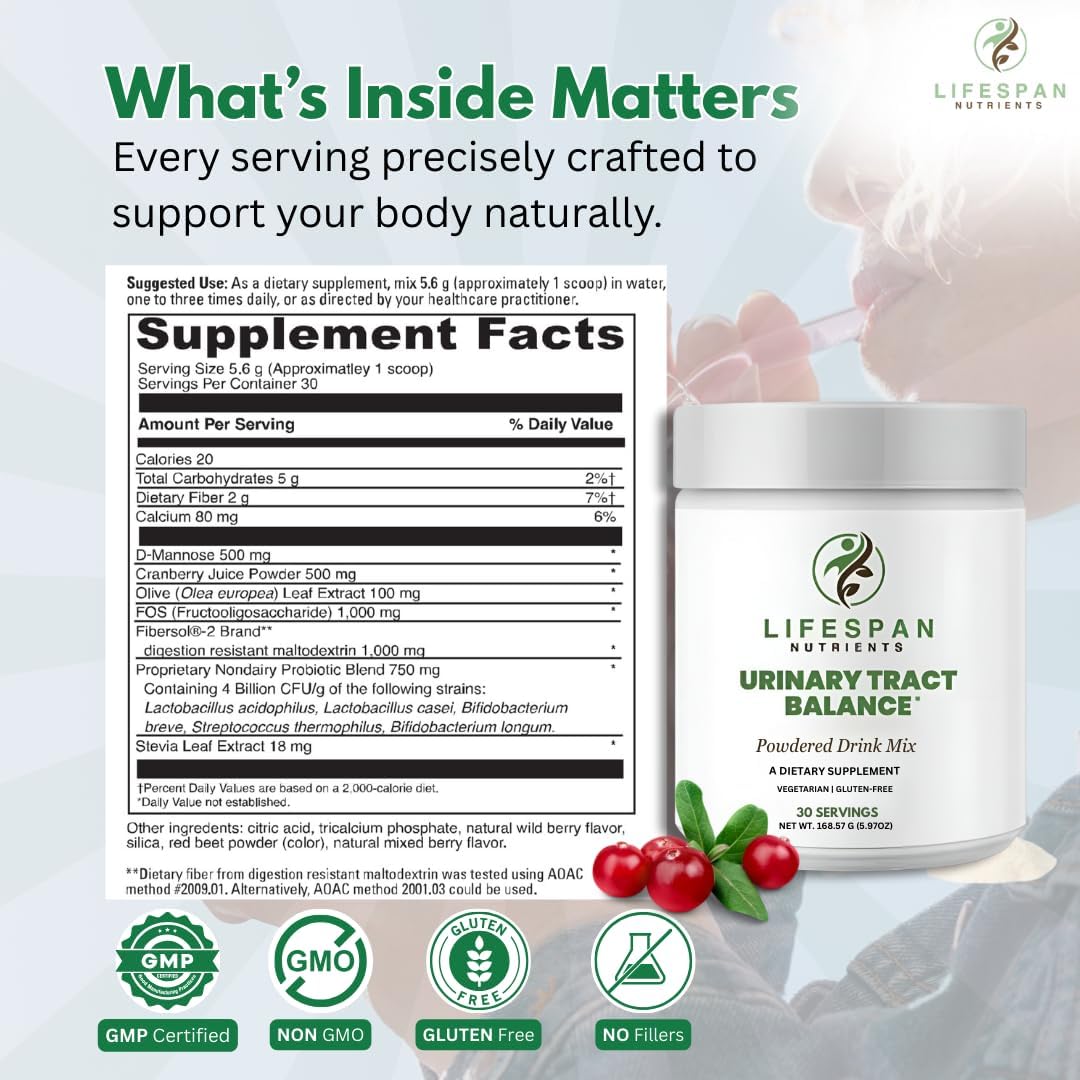 D Mannose with Cranberry and Probiotics Powder Supports Urinary Tract and Bladder Health Easy Mix Drink Vegan Gluten Free 30 Servings
