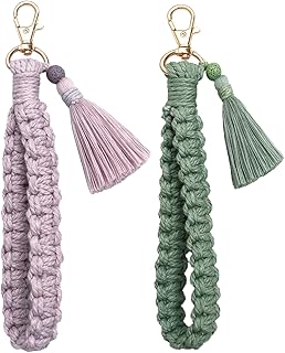 سلسلة مفاتيح مكرامية من ياليا مكونة من قطعتين، سلسلة مفاتيح مكرمية بوهيمية، سلسلة مفاتيح مع شراشيب وحامل سلسلة مفاتيح للمعصم للنساء والفتيات