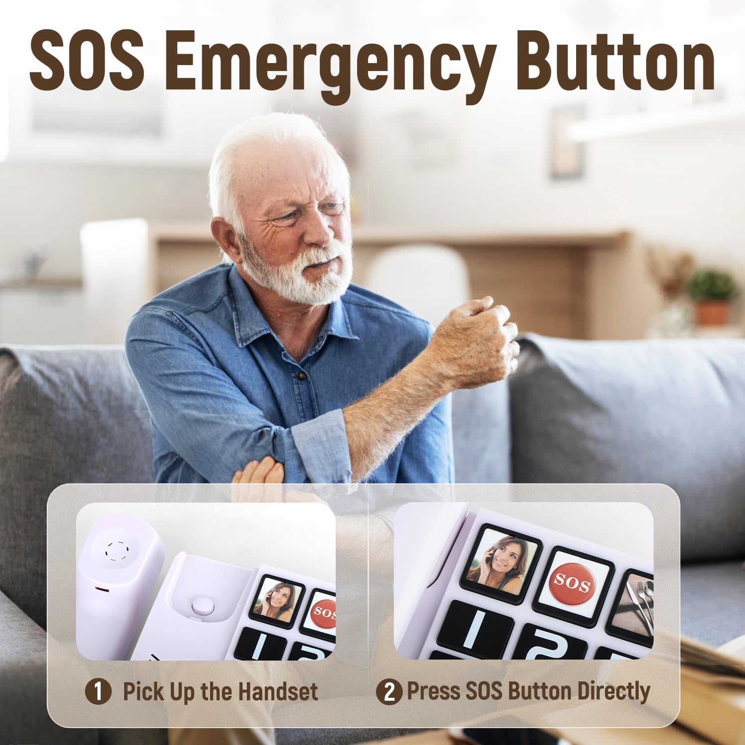 Telefono con pulsante grande per anziani, telefoni fissi con filo per anziani con 2 pulsanti di composizione one-touch, telefono fisso con pulsante di emergenza SOS/suoneria forte - bianco