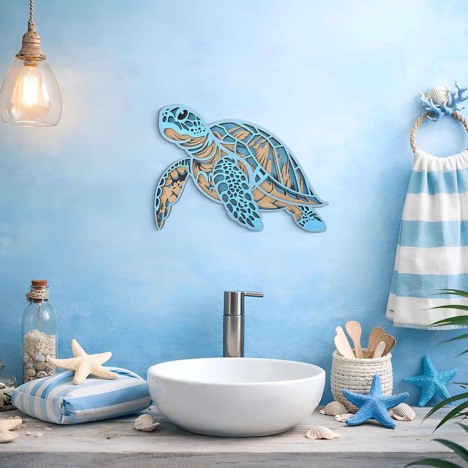 Yerliker 3D Wooden Sea Turtle Wall Decor Beach Coastal Art, Blue