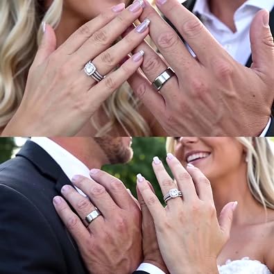 CEJUG 18k White Gold Plated Wedding Ring Sets for Him and Her Womens Mens Titanium Stainless Steel Bands 2Ct Cz Couple Rings