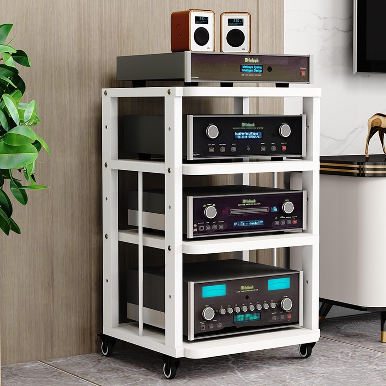 Estante HiFi blanco de 3 niveles para organizar tu equipo de música y giradiscos en el salón