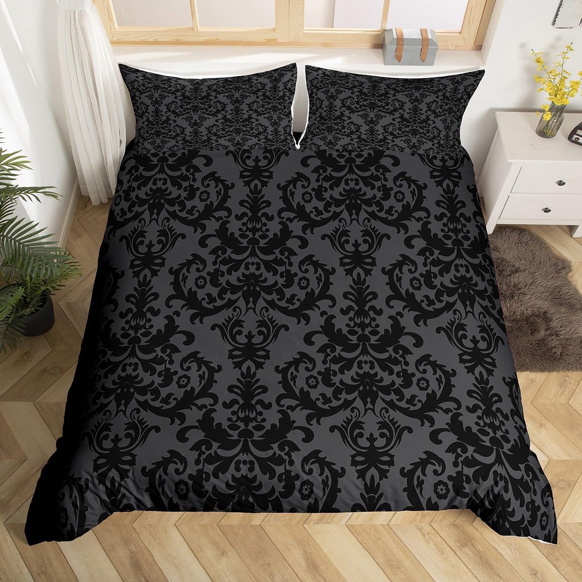 Erosebridal Adults Black Damask Bedding Set Antique Victorian Baroque Duvet Cover Twin Gothic Vintage Floral Comforter Cover（No Filling Bohemian Exotic Bedspread Cover Microfiber Grey 1 Pillow Case