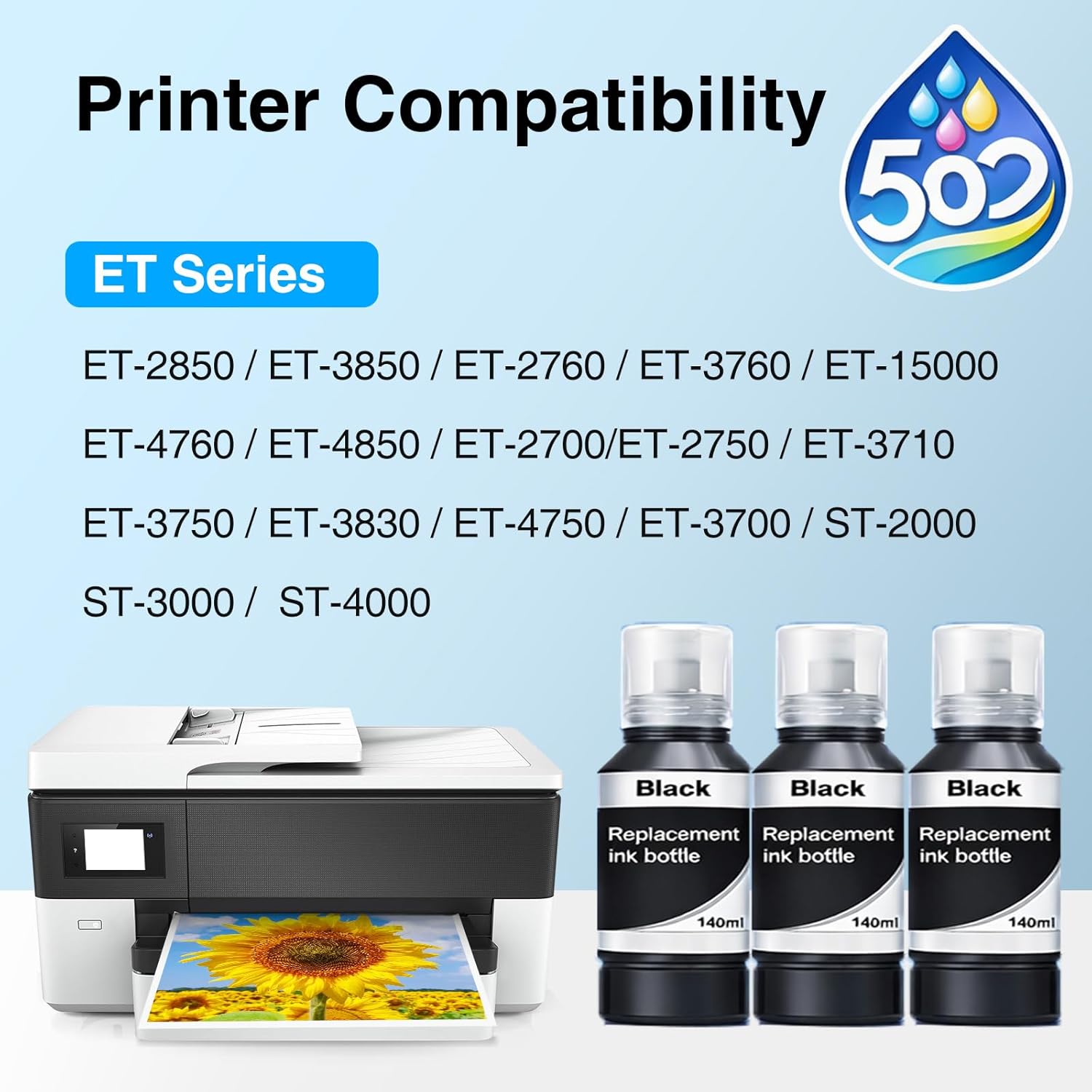 Compatible for 502 Black Ink Replacement for Epson 502 Ink Refill Bottles Black for Ecotank ET-3850 ET-2850 ET-4850 ET-2760 ET-3760 ET-4760 ET-2750 ET-3750 ET-4750 Priner (3 Pack, Ink Refill Bottles)