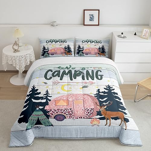 Erosebridal Juego de ropa de cama de granja tamaño matrimonial con texto en inglés "Let's Go", juego de edredón de campamento para niños, con