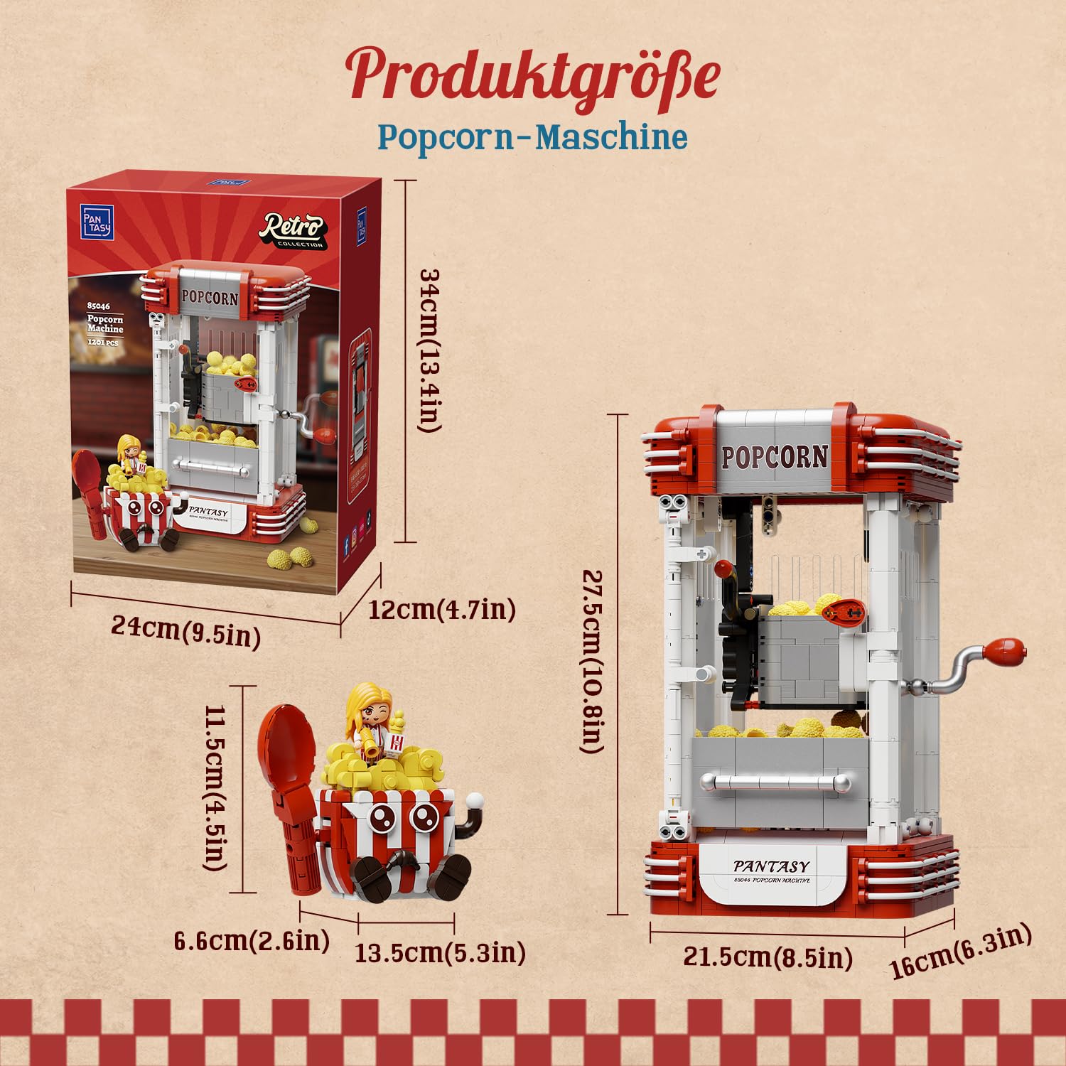 PANTASY Retro Popcornmaschine Klemmbausteine Set | Interaktives Kinomodell mit Drehkurbel, Figur und Popcorn-Elementen, nostalgische Display-Deko für Film- und Retro-Fans