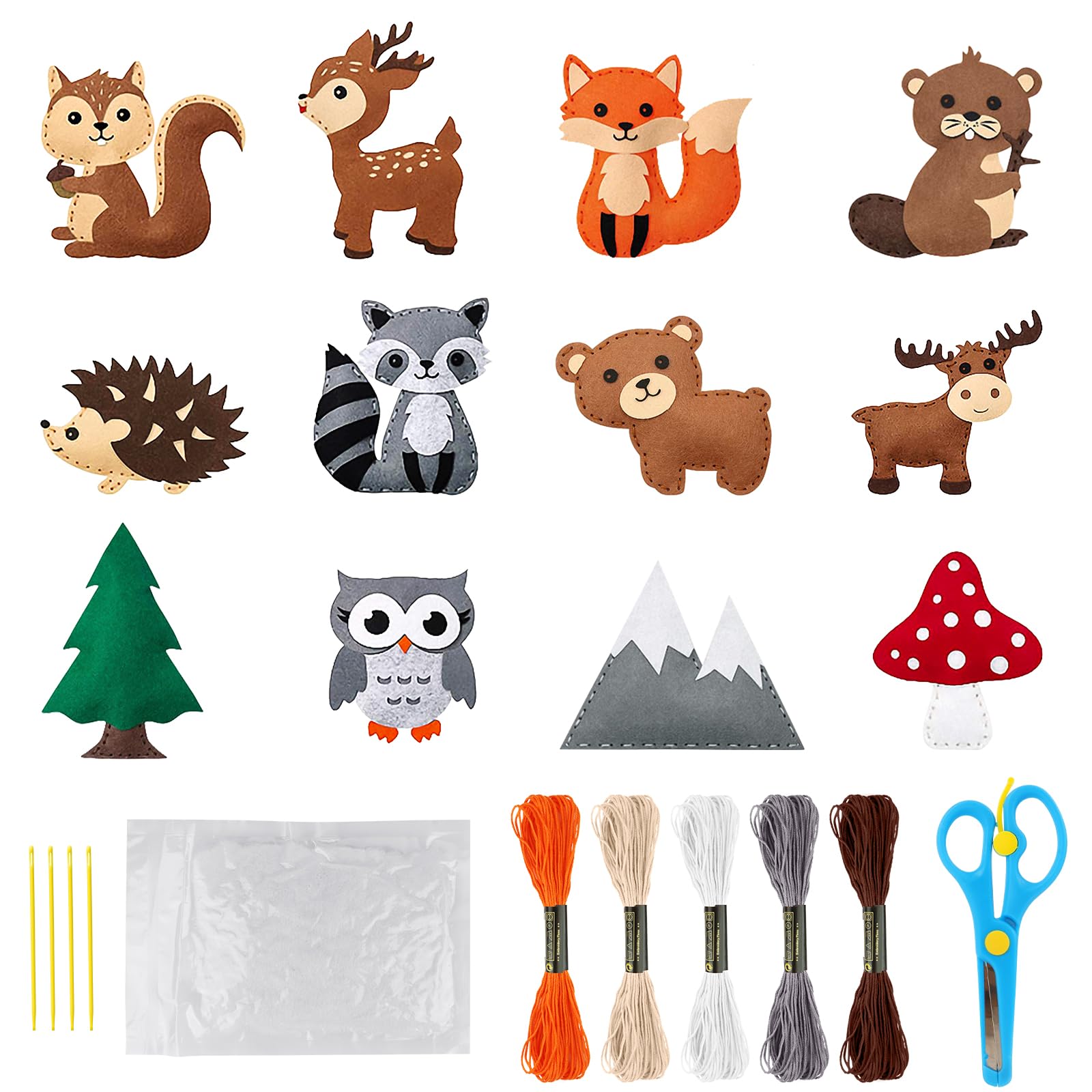 Forest Animal Sewing Crafts Kits - 12Pcs DIY Felt Animals Fun Educational Kit for Kids/Educational Beginners Sewing Set with Scissors/First Sewing Kits for Children Boys Girls