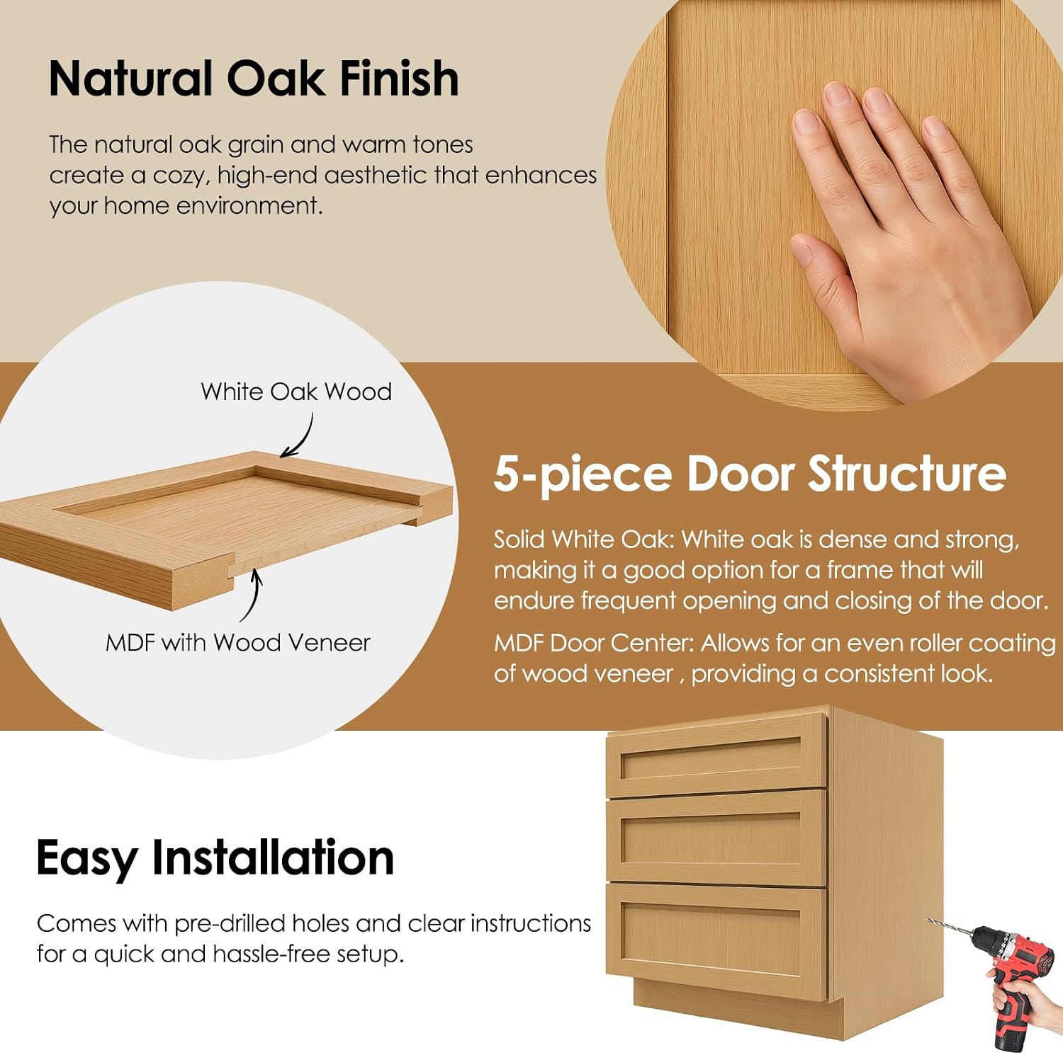 Kitchen Base Cabinet, 36" Base Cabinet Drawer, 3 Soft Close Full Extension Drawers, Shaker, Painted, Unassembled, RTA For Kitchen, Laundry Room (White Oak and MDF Door, 24"D X 34.5"H X 36"W)
