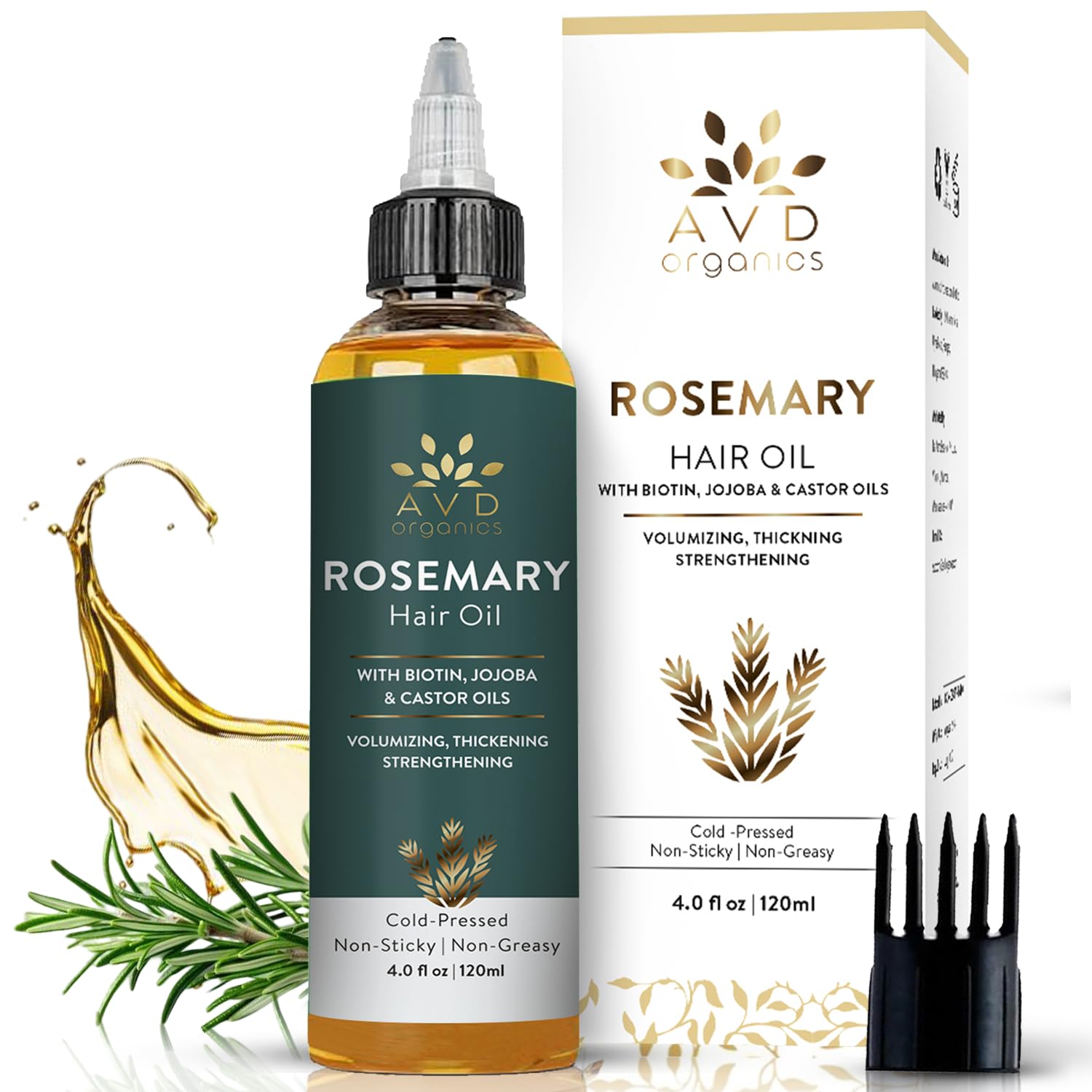 AVD Organics Rosemary Oil for Hair Growth | Infused with Biotin, Jojoba & Castor Oil | Nourishing & Volumizing Rosemary Hair Oil for Scalp & Roots | Non-GMO verified | 120ml