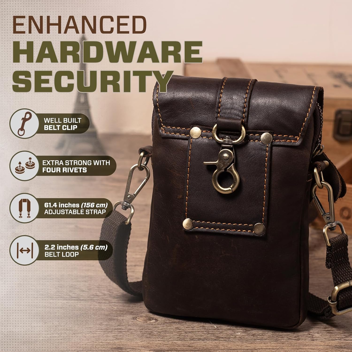 Hengwin Genuine Leather Phone Pouch for Belt, Small Men Bag Crossbody Purse, Cell Phone Holster Holder Case with Belt Clip Fits for iPhone 17 Pro Max 16/15 Pro Max Samsung Galaxy S25 Ultra (Coffee) - Image 4