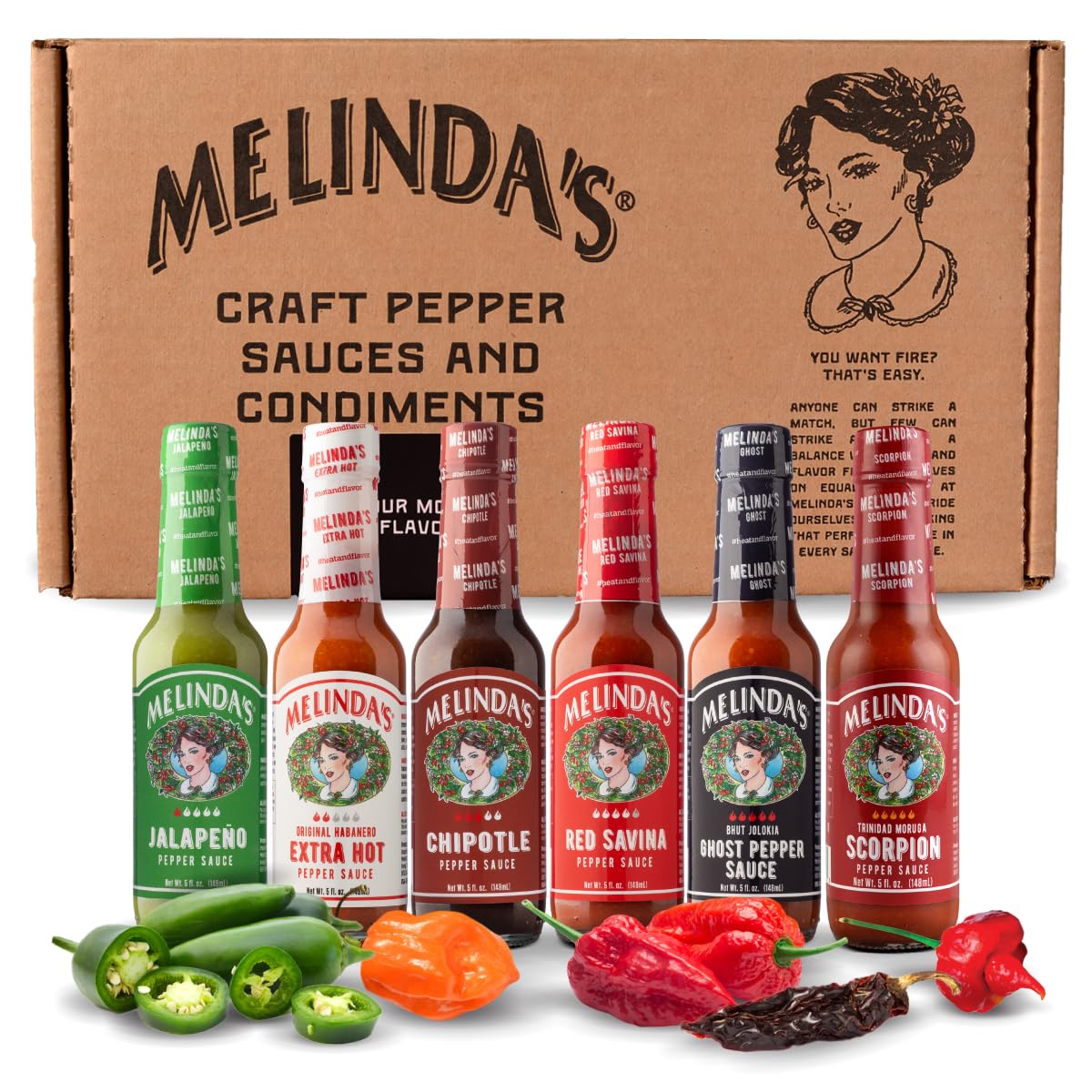 Melinda’s Pepper Sauce Challenge Collection - Extra Spicy Gourmet Hot Sauce Gift Set - Includes Jalapeño, Extra Hot Habanero, Chipotle, Red Savina, Ghost, Scorpion - 5 oz, 6 Pack