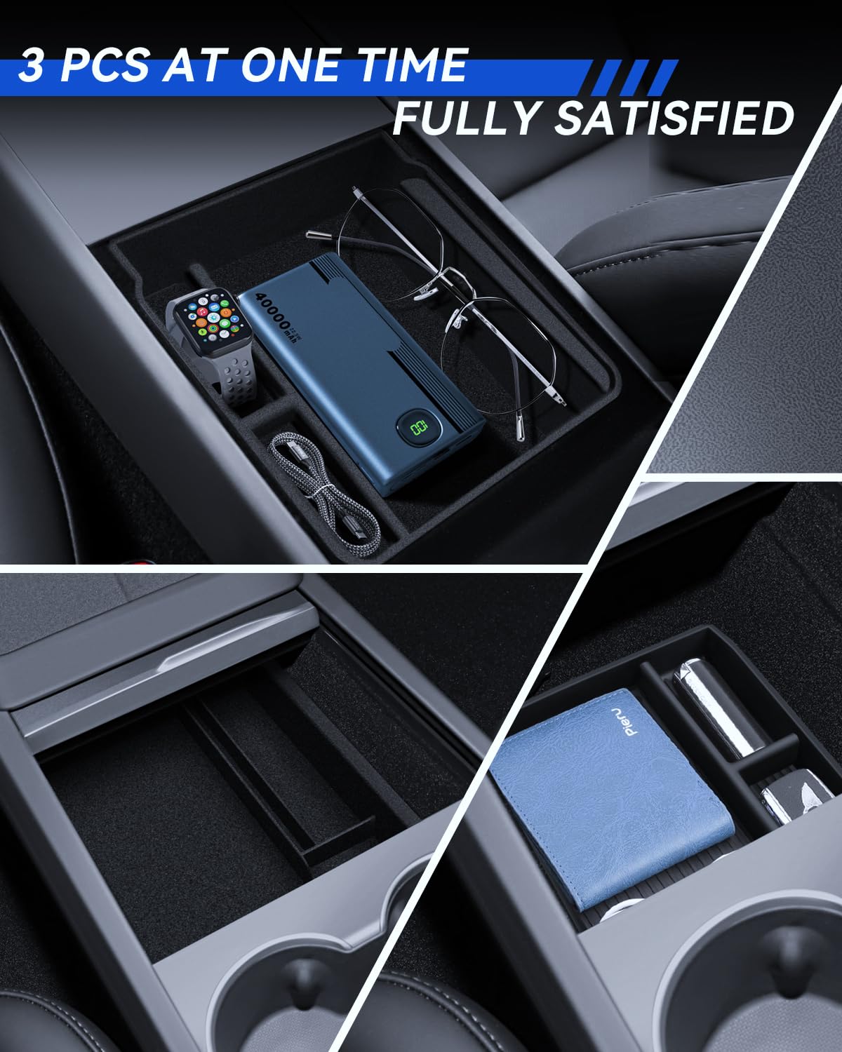 3 Pcs Zubehör für Tesla Model 3 2024-2025 Mittelkonsole Organizer, Silikon Organizer Tray und Armlehne Aufbewahrungsbox (Beflockung)
