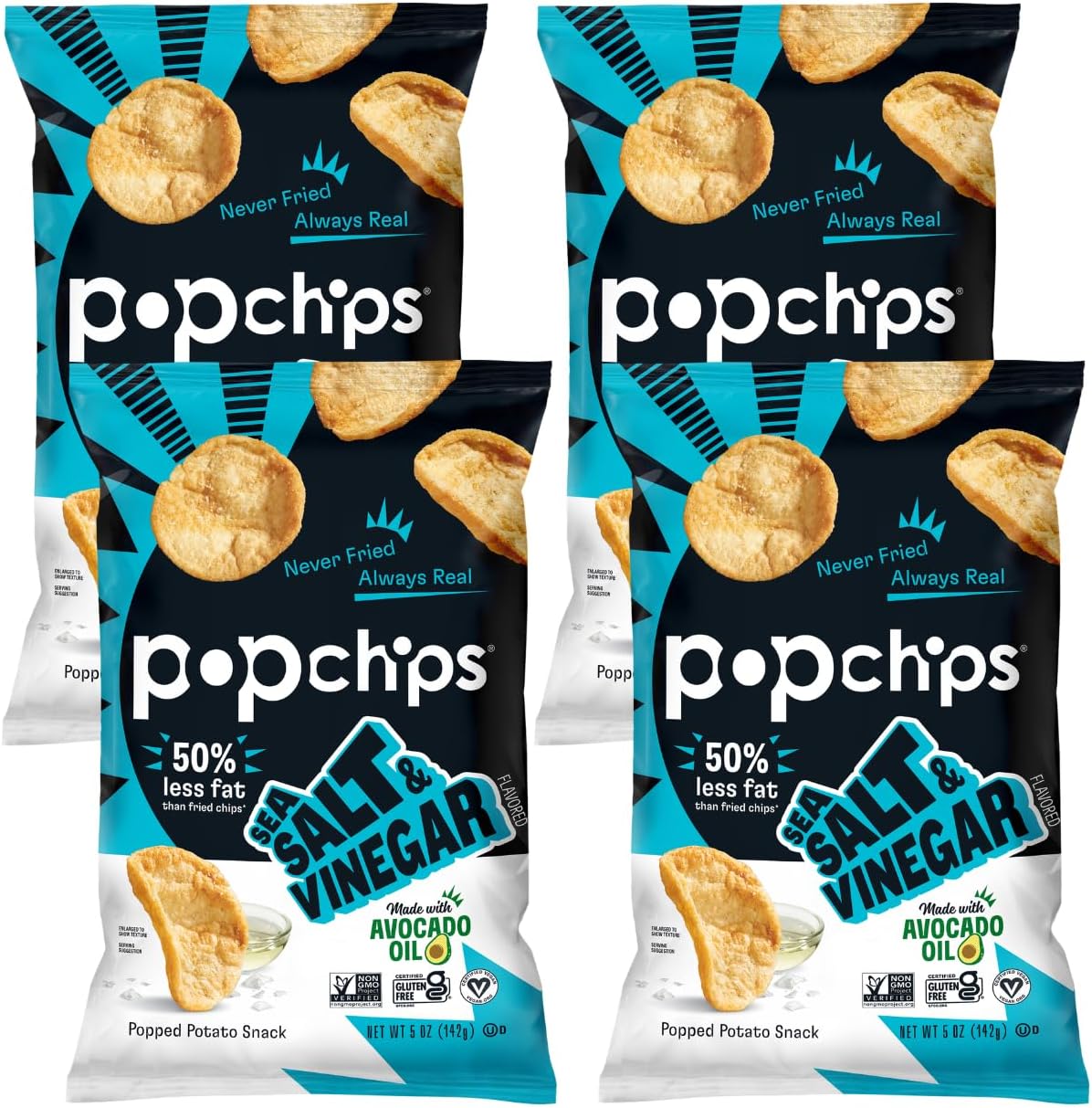 Potato Chips, Sea Salt & Vinegar, 4ct 5.0oz Share Bags, Low-Calorie, Gluten Free, Salty Snacks for Adults and Children, Non-GMO, Vegan & Kosher Friendly, 130 Calories Per Serving
