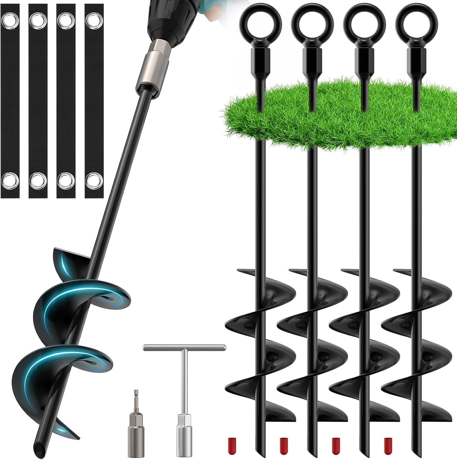 Housolution 18" Trampoline Stakes, 4 Pack Heavy Duty Ground Anchors with Safety Belts, Trampoline Accessories Resist High Wind, Ground Stakes for Camping Tents, Trampolines, Canopies, Swing Set, Shed