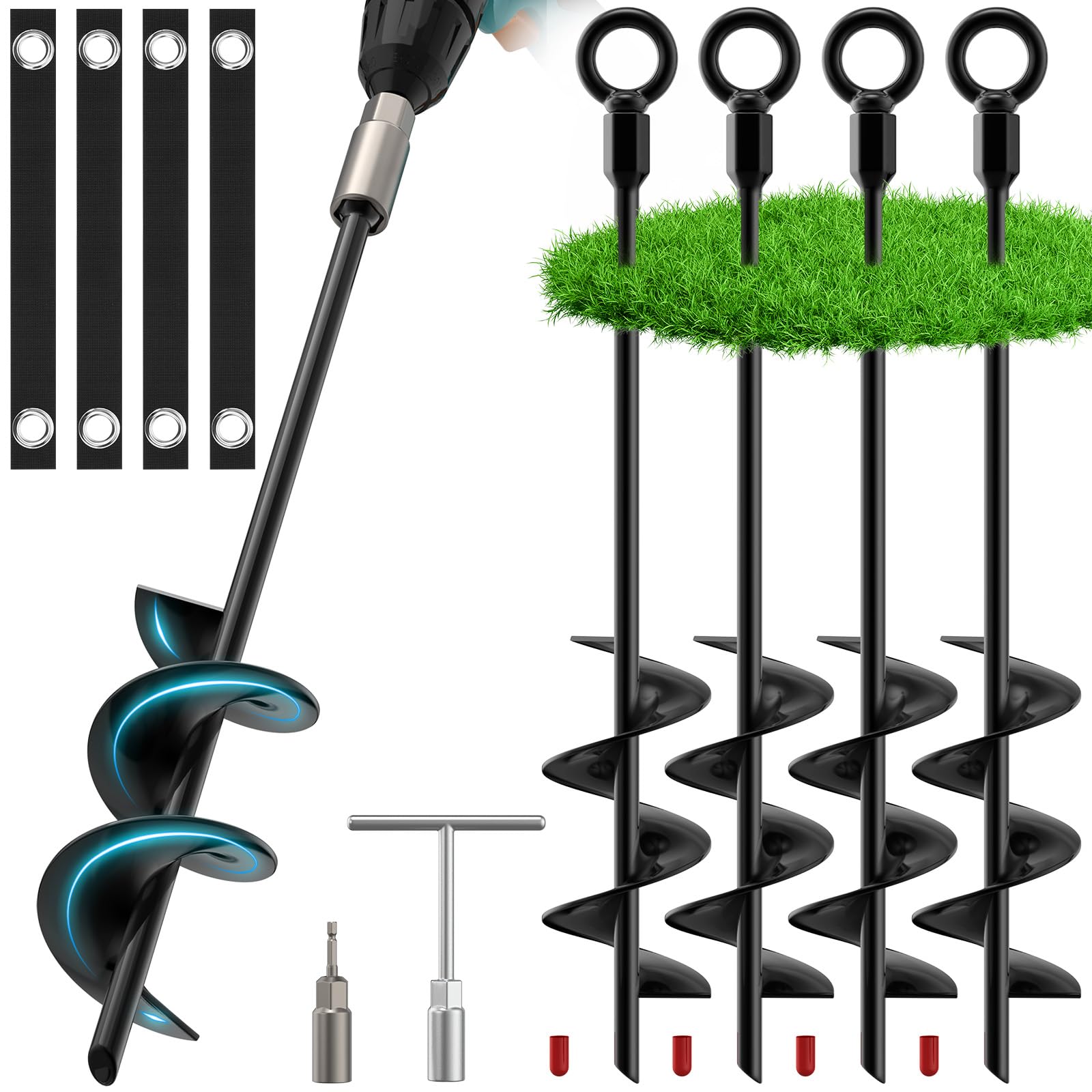 Housolution 18" Trampoline Stakes, 4 Pack Heavy Duty Ground Anchors with Safety Belts, Trampoline Accessories Resist High Wind, Ground Stakes for Camping Tents, Trampolines, Canopies, Swing Set, Shed