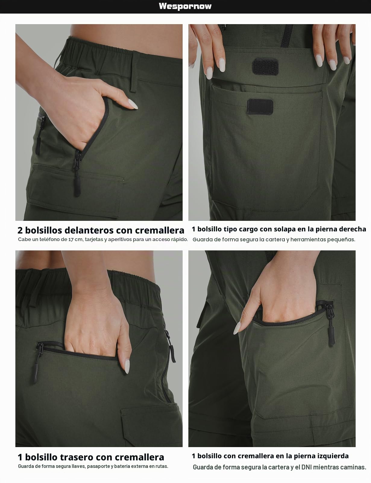 Wespornow Pantalones de senderismo para mujer con cremallera: transpirables, ligeros, de secado rápido
