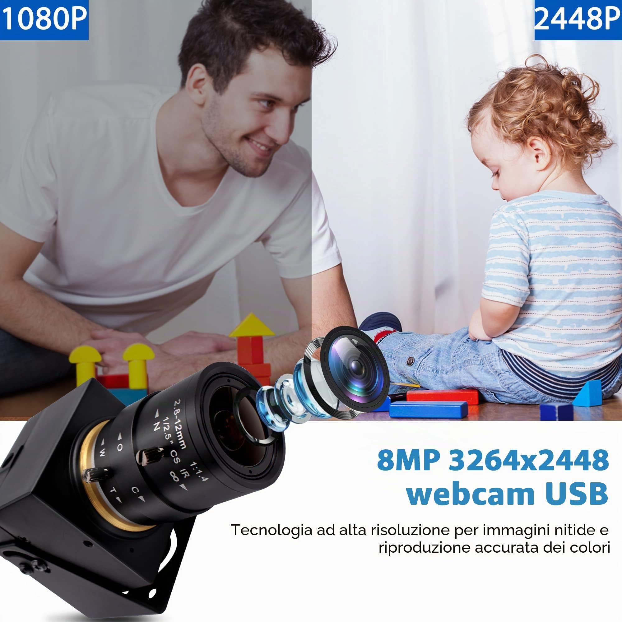 Svpro Zoom Webcam 8MP USB per PC Laptop Fotocamera esterna per computer con obiettivo varifocale da 2,8-12 mm Fotocamera UVC per montaggio su treppiede, su superficie e a parete