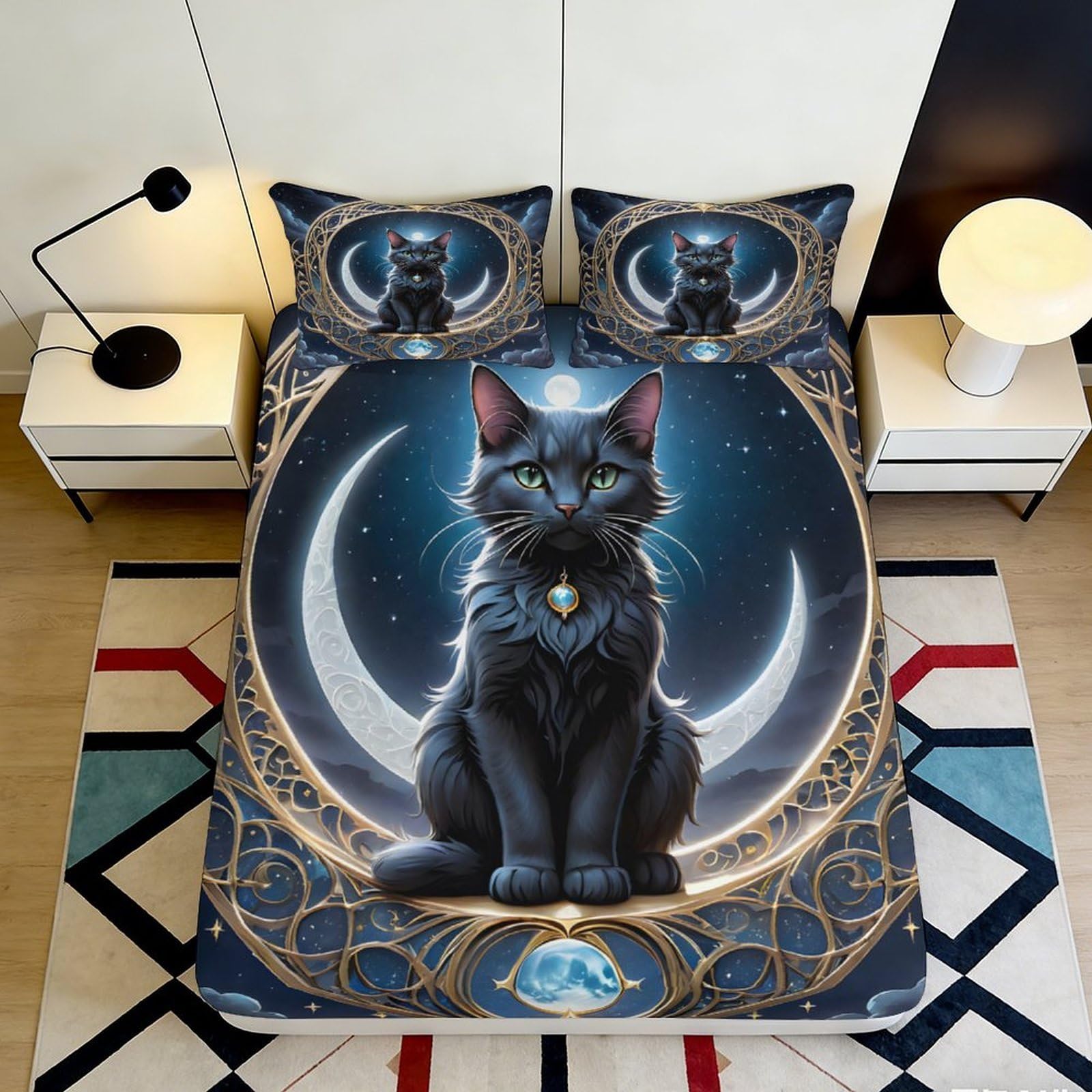 3D Printed Mystic Cat Fitted Sheet Microfiber Deep Pocket Bedding for Adults Teens Mystic Moon Mattress Fitted Cover 200x200x25cm