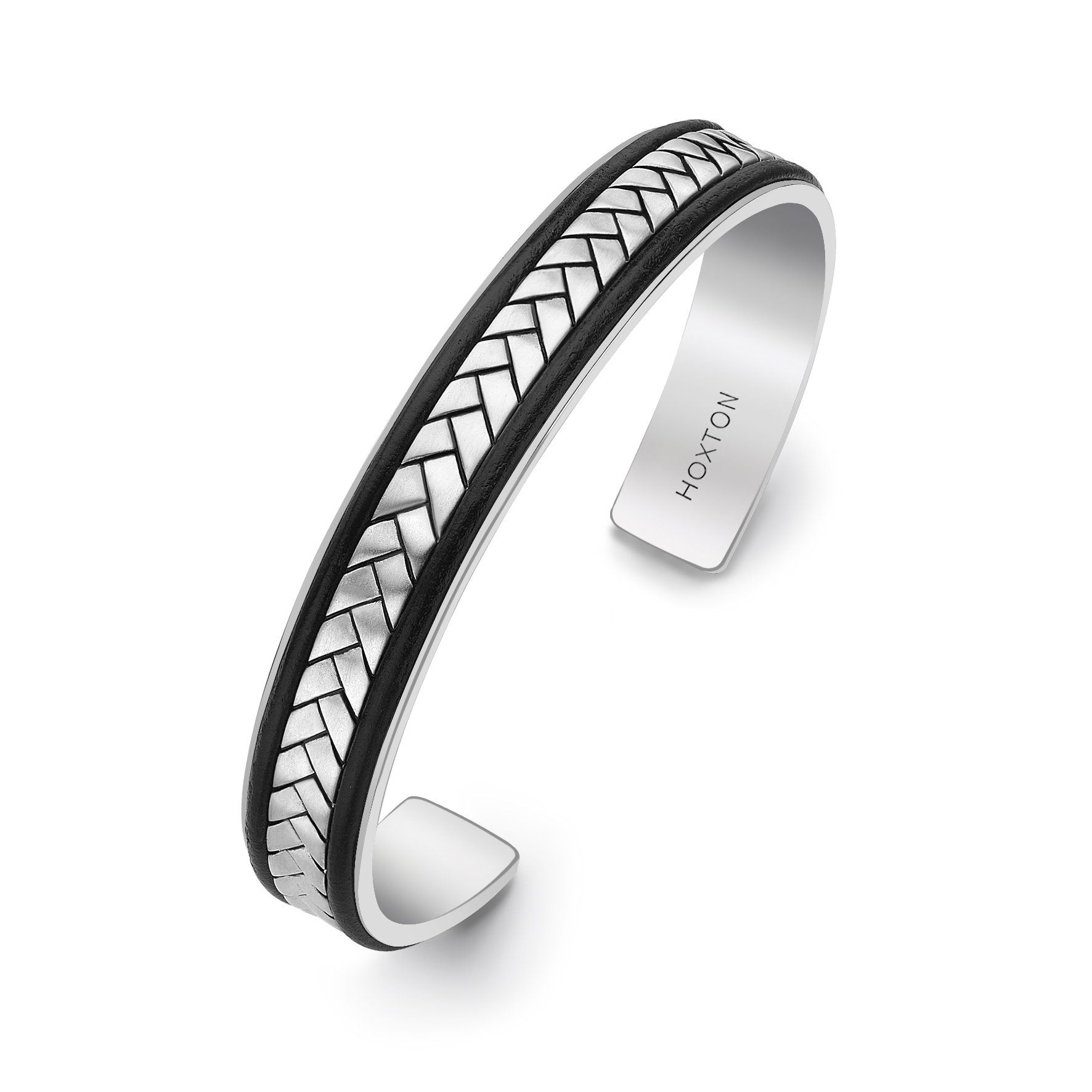 HOXTON LONDONMen's Sterling Silver Herringbone Leather Inlay Cuff Bangle