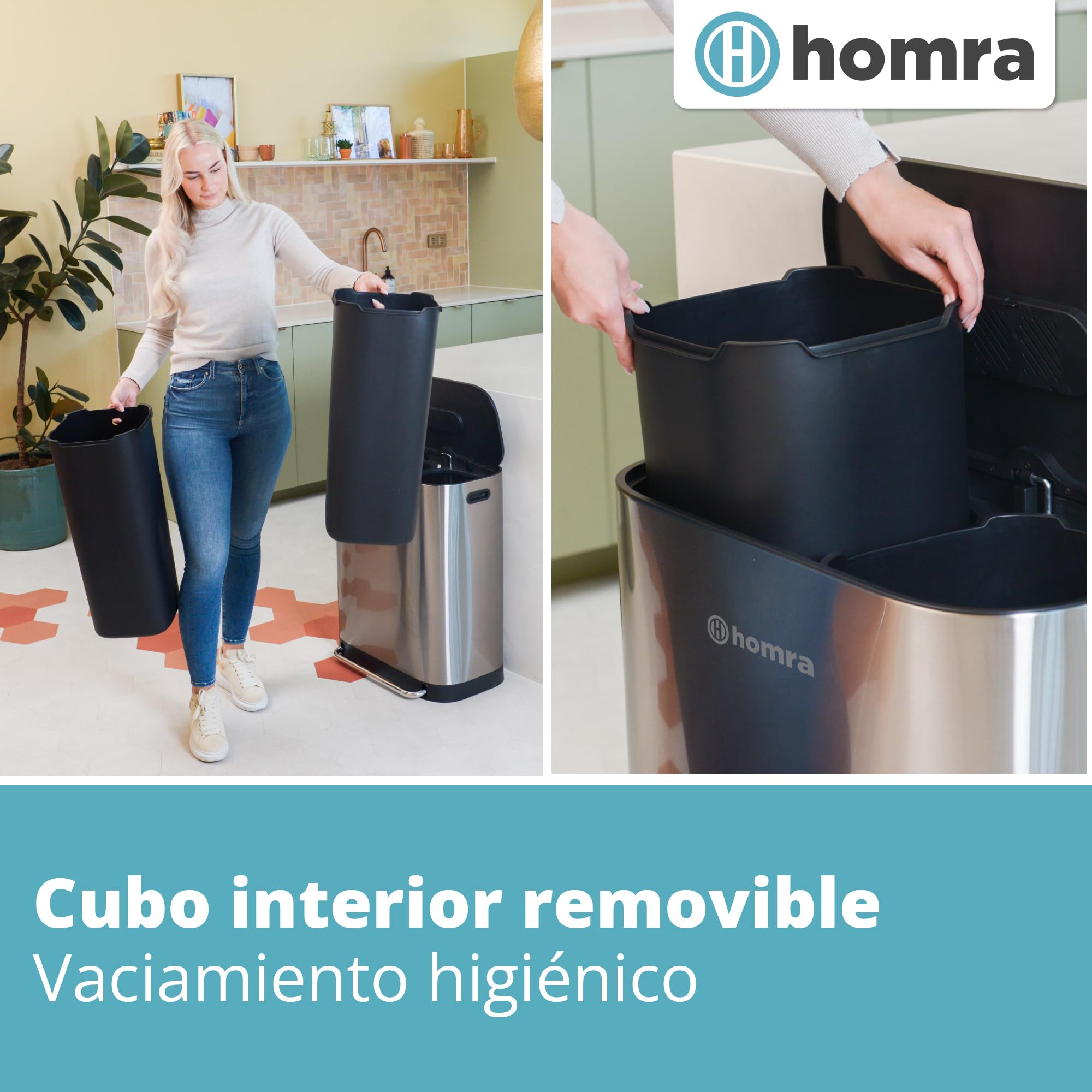 Homra Cubo Basura 60l Rockx | Cubo de Basura de Reciclaje 2x30l | Papelera Cocina | Cubo basura Pedal | Filtro Antiolores | Sistema de separación de residuos con 2 compartimentos | Acero inoxidable