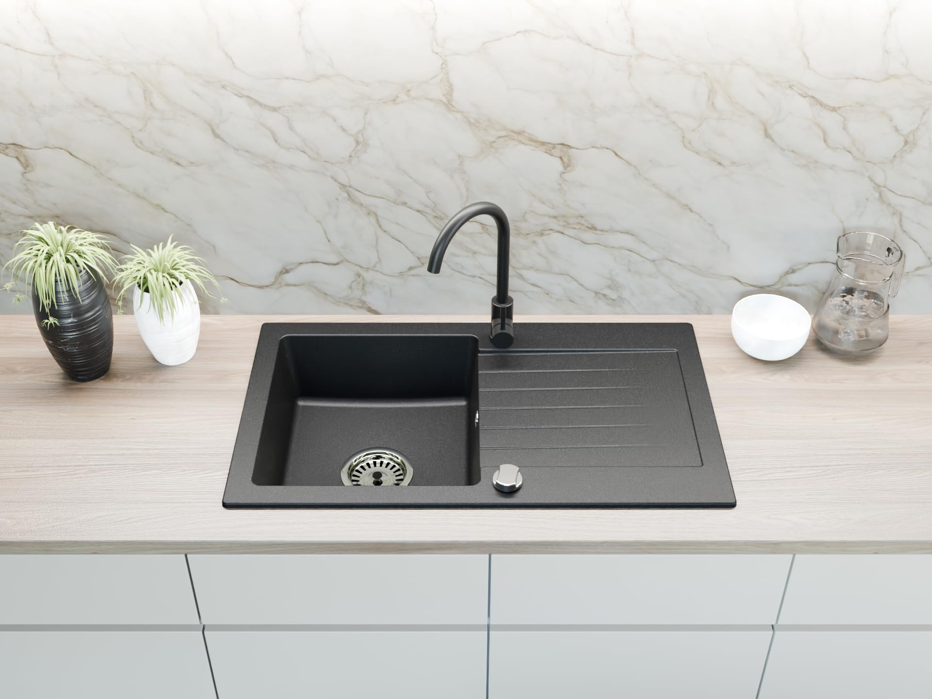 Faizee Home | Spülbecken Granit Schwarz 75x44 cm | Hochwertige Küchenspüle & Einbauspüle | Eckiges Spülbecken | Beidseitig montierbare Granitspüle | Einbaugranitspüle ab 45 cm | Inkl. Siphon-Set