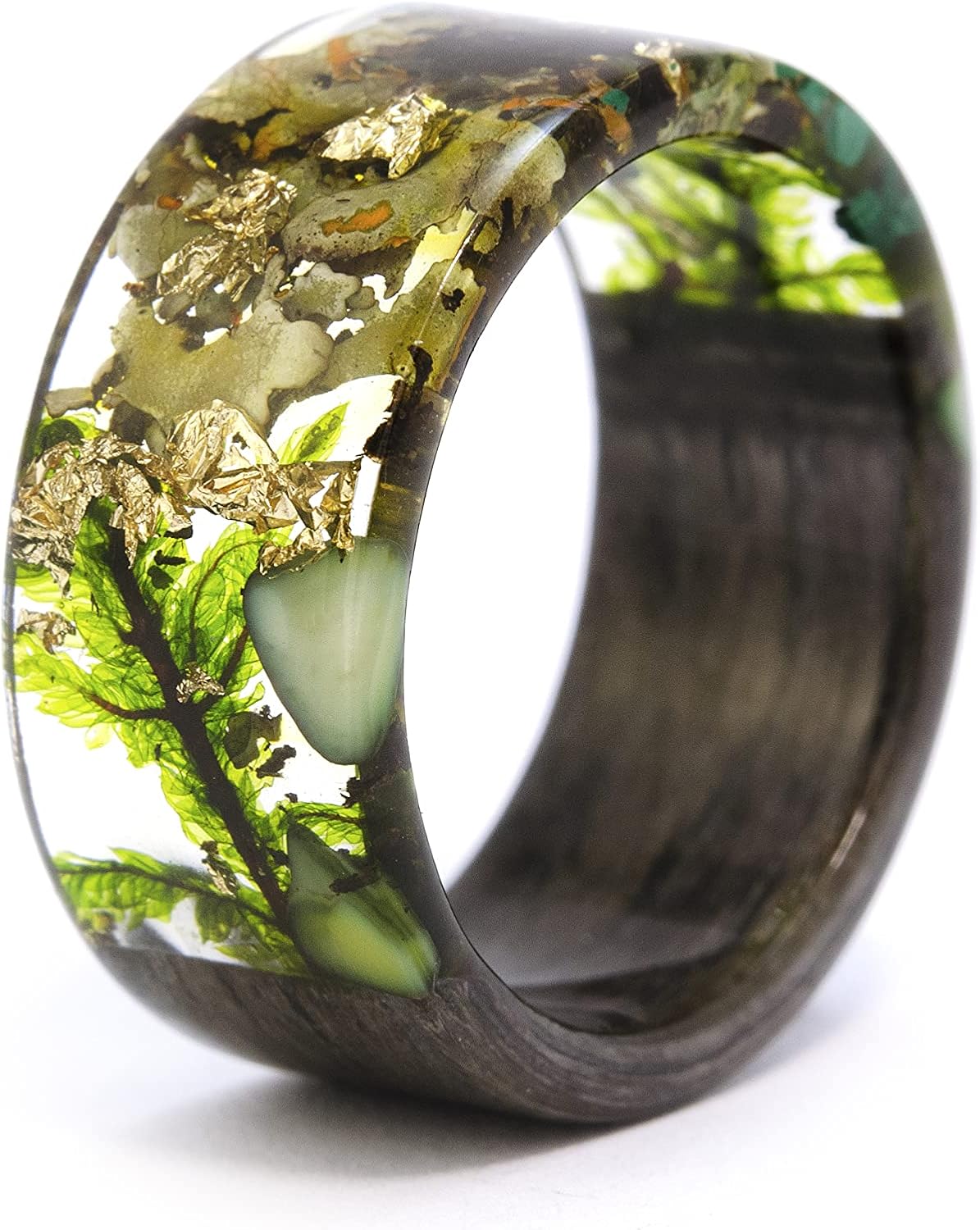 Forest Wood&Resin Ring with Green Natural Stones Malachite, Tree Bark, Moss and 24K Gold.Grey Oak Tree Ring. Women Nature Unique Rings.