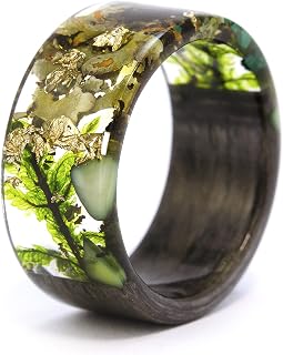 Forest Wood&Resin Ring with Green Natural Stones Malachite, Tree Bark, Moss and 24K Gold.Grey Oak Tree Ring. Women Nature Unique Rings.