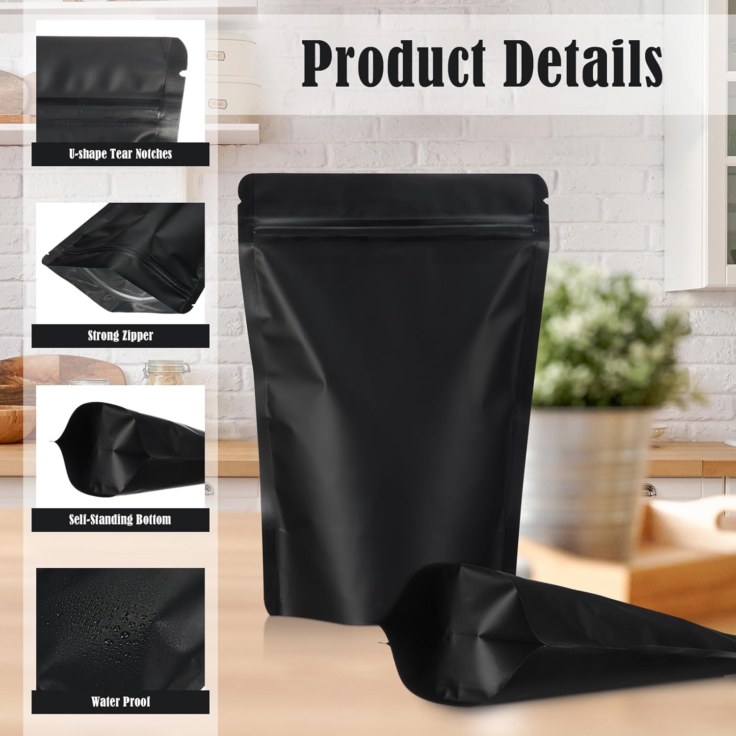 300 Pcs Stand Up Resealable Bags Foil Sealable Pouches 5.5 x 8 Inch Black Odorless Zipper Bags Bulk for Small Business Packaging Food Storage