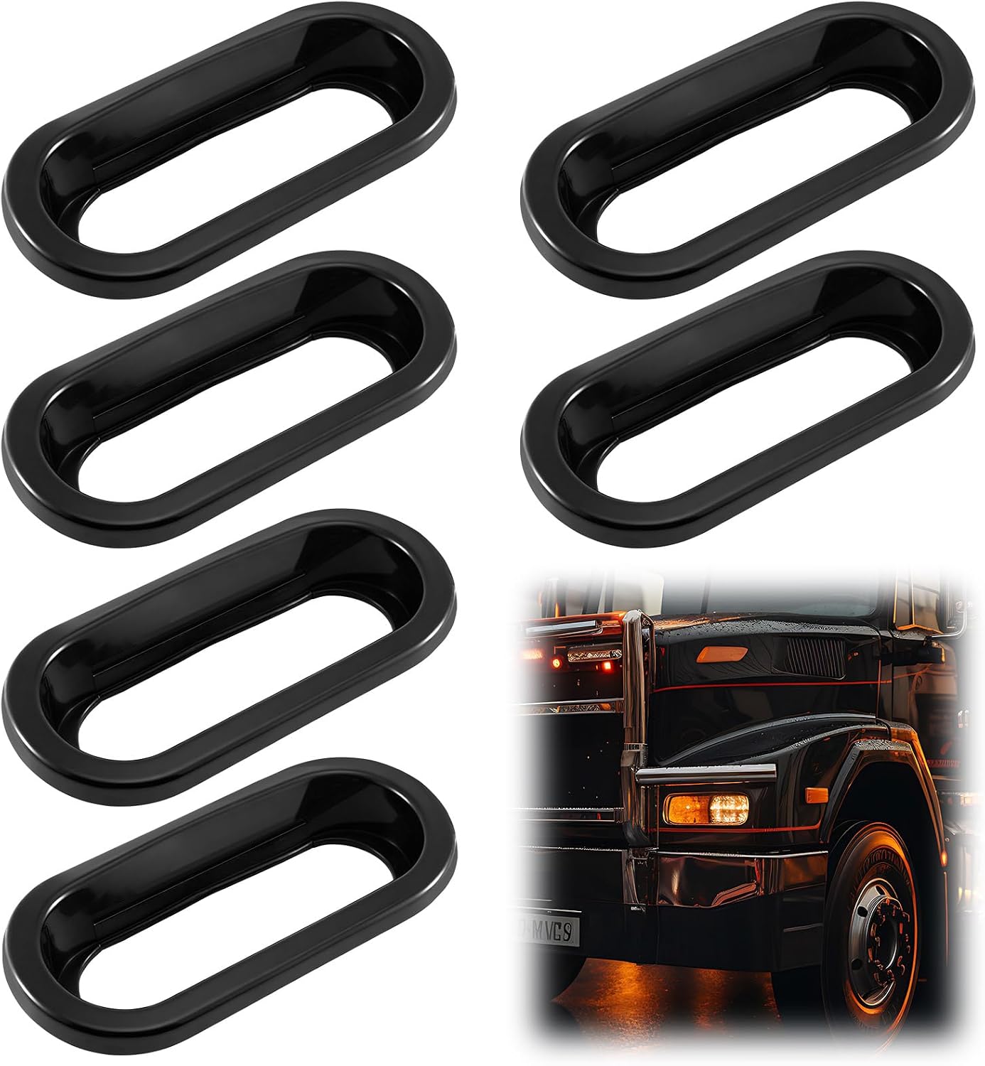 Pangda 6 Pcs 6 Inch Oval/Oblong Taillights Grommet Rubber Black Flush Mount Open Back Grommet Marker for Vehicle Lights Stop Turn Tail Light Covers Rings