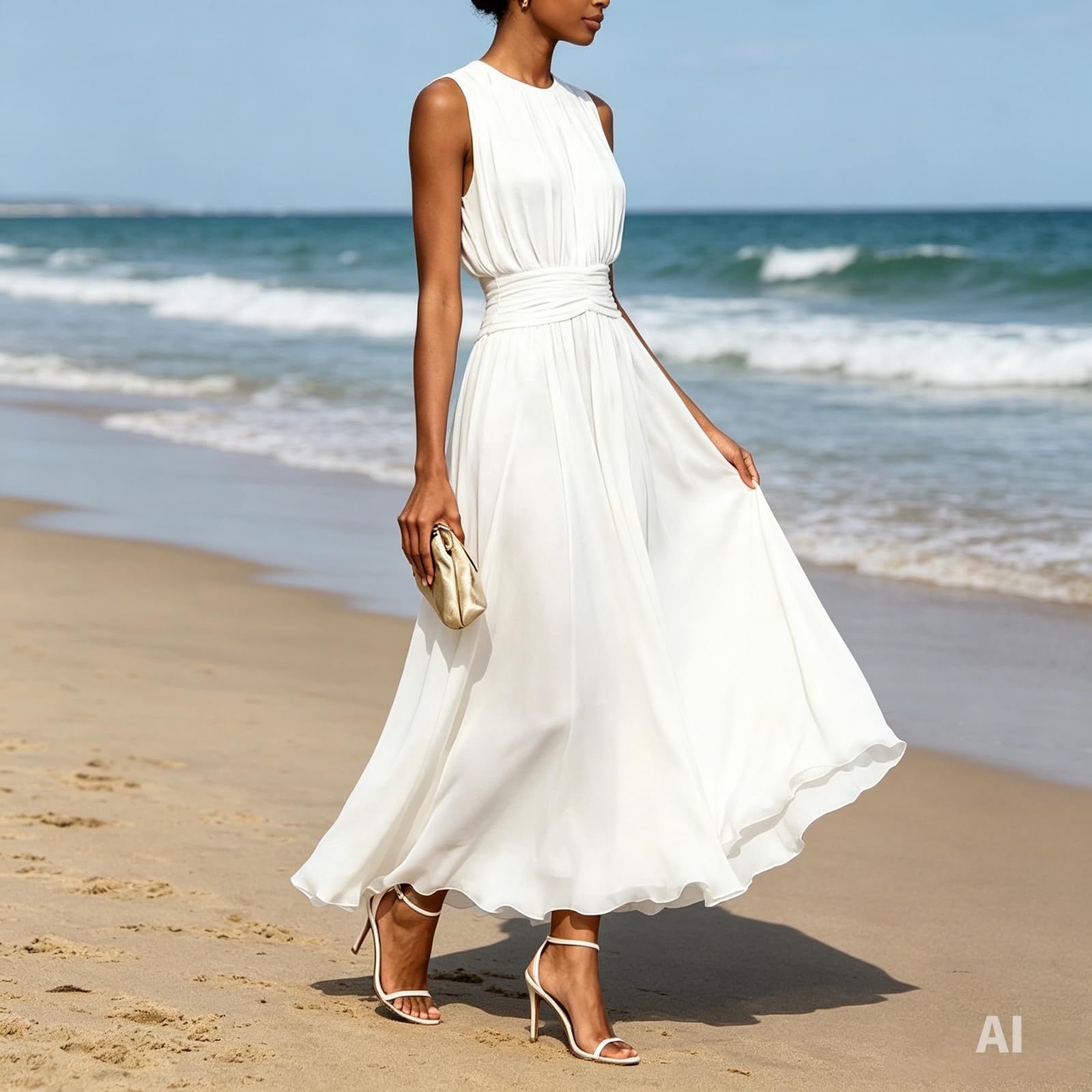 Ärmelloses Maxi-Kleid für Damen – Festliches Abendkleid in A-Linie mit Rundhalsausschnitt, Faltenlegung und Geraffter Taille; ideal für Sommerhochzeiten, als Gast oder Brautjungfer