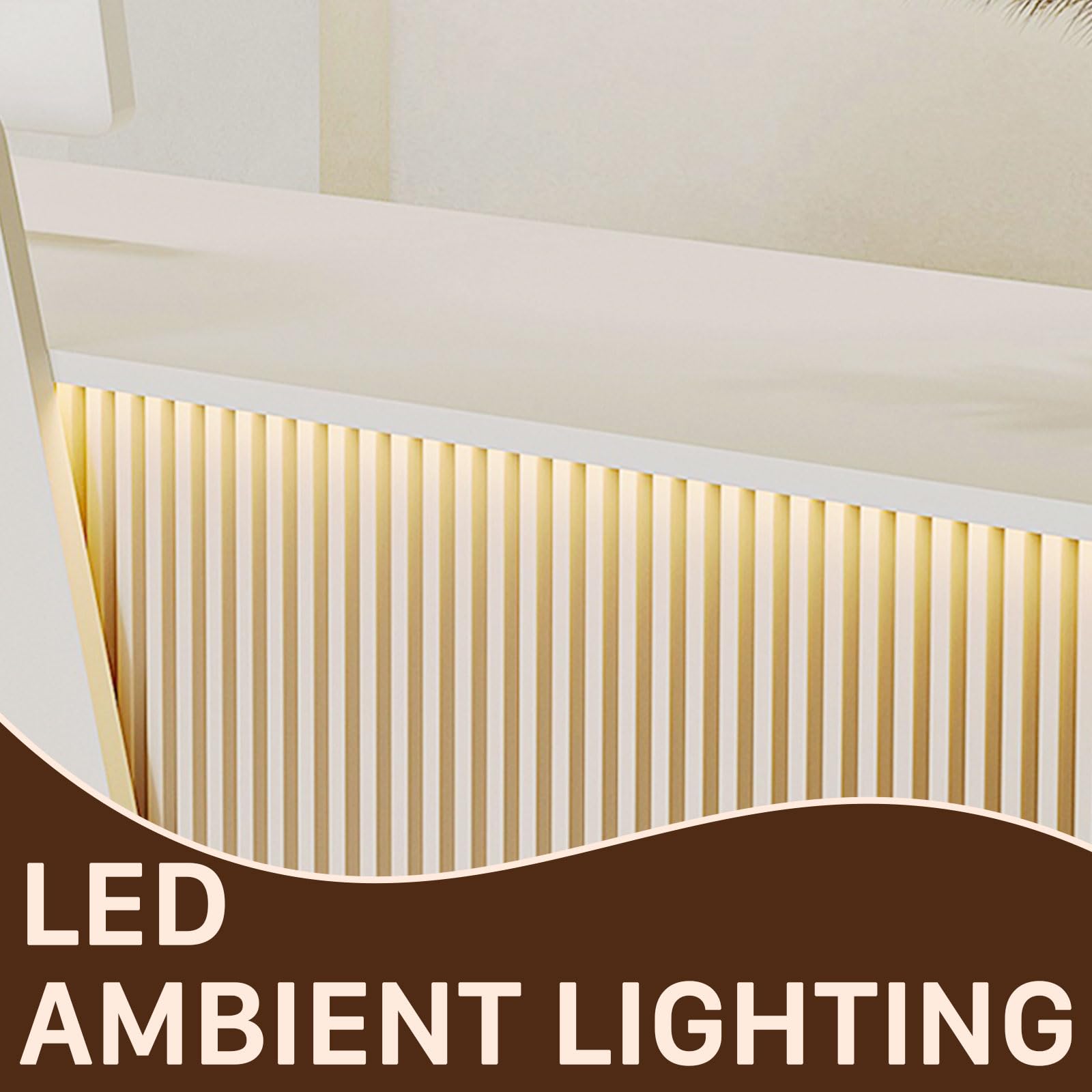Biurko z litego drewna z paskami świetlnymi LED, 160 cm, 1 szuflada, 2 szafki i 3 przegrody, stylowa konstrukcja, idealna do biura, salonu, sklepu, nowoczesnych mebli