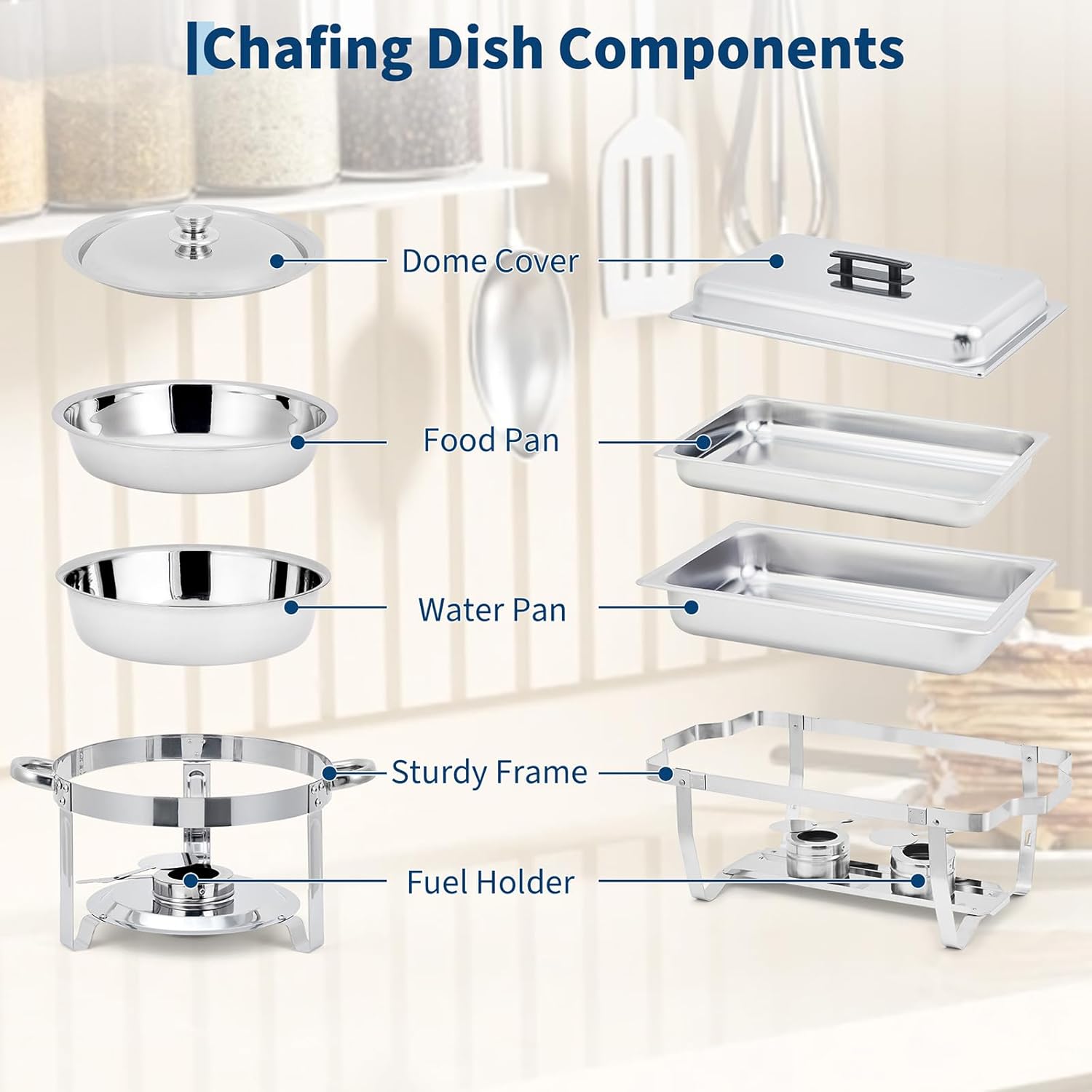 4 Pack Buffet Warmer Set, 8 QT Rectangle & 5 QT Round Stainless Steel Chafing Dishes with Lid, Food & Water Pan and Fuel Holder, Chafing Dish Buffet Set for Parties & Holiday Events