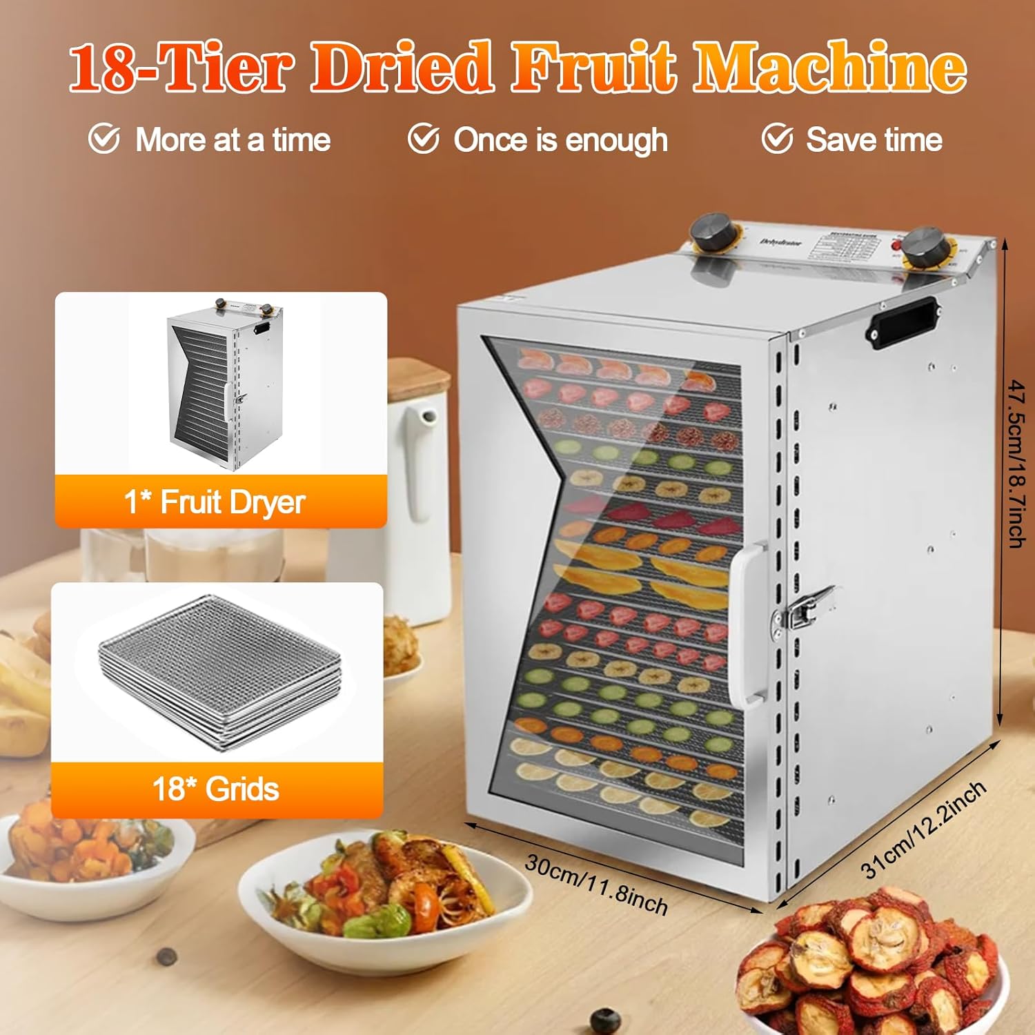 600W 18 Trays Commercial Food Dehydrator Machine, Stainless Steel Food Dehydrated Dryer Over Heat Protection for Jerky Herbs Meat Beef Fruit Vegetables