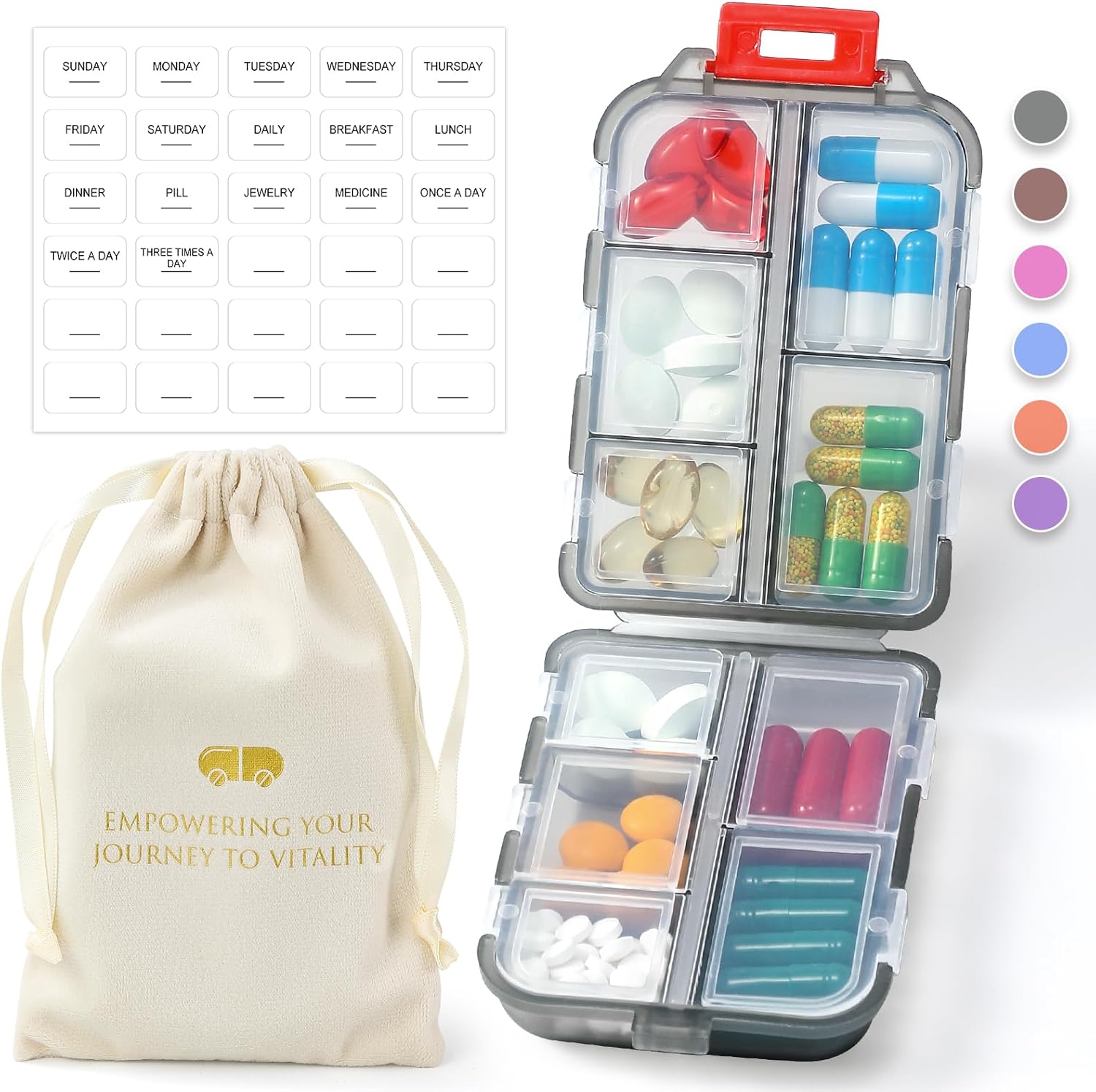 1 Pack Travel Pill Organizer w Labels & 1 Drawstring Pouch