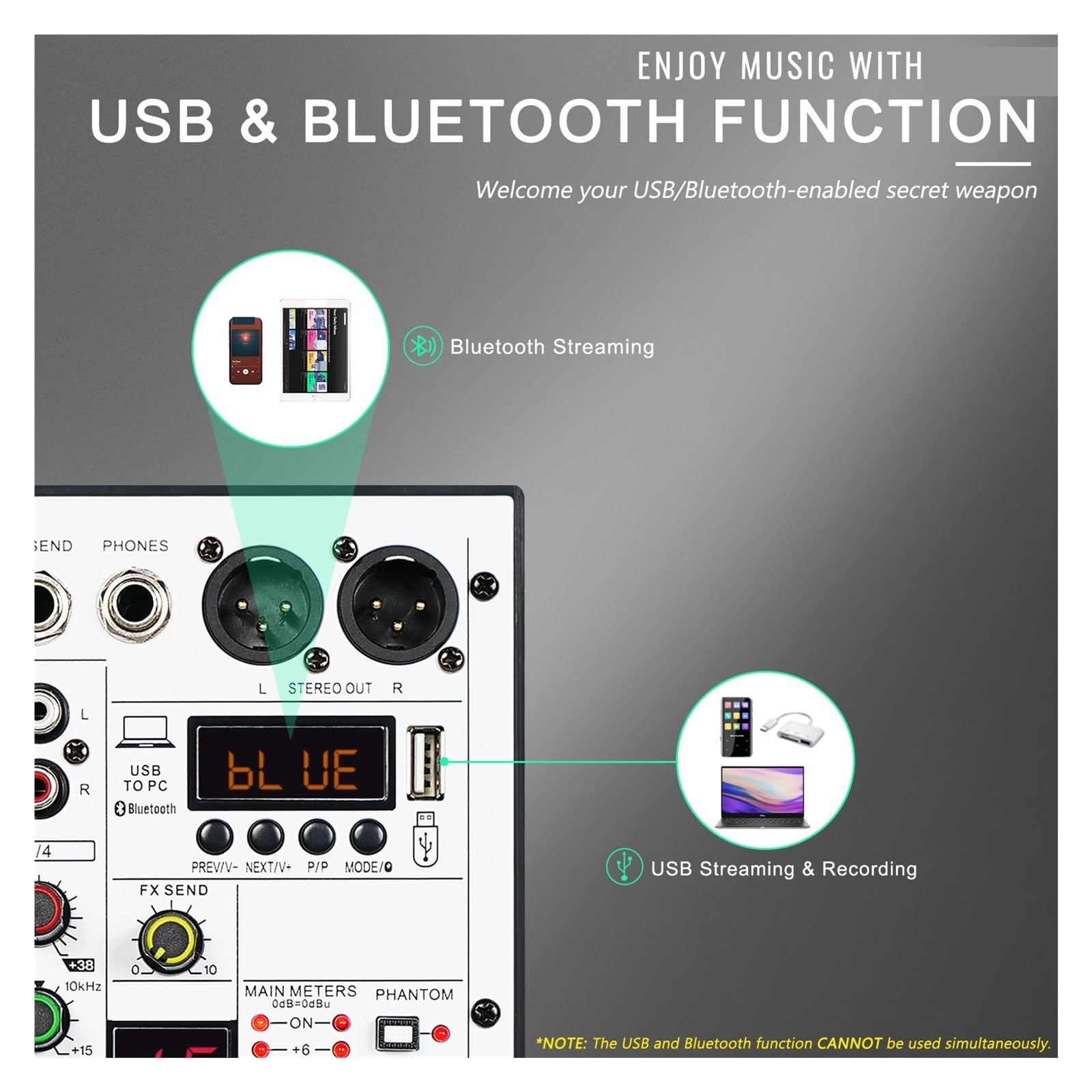 Mixer Audio A 4 Canali, Mixer DJ Con Interfaccia Audio USB, Funzione Bluetooth, 16 Effetti Ed EQ A 3 Bande