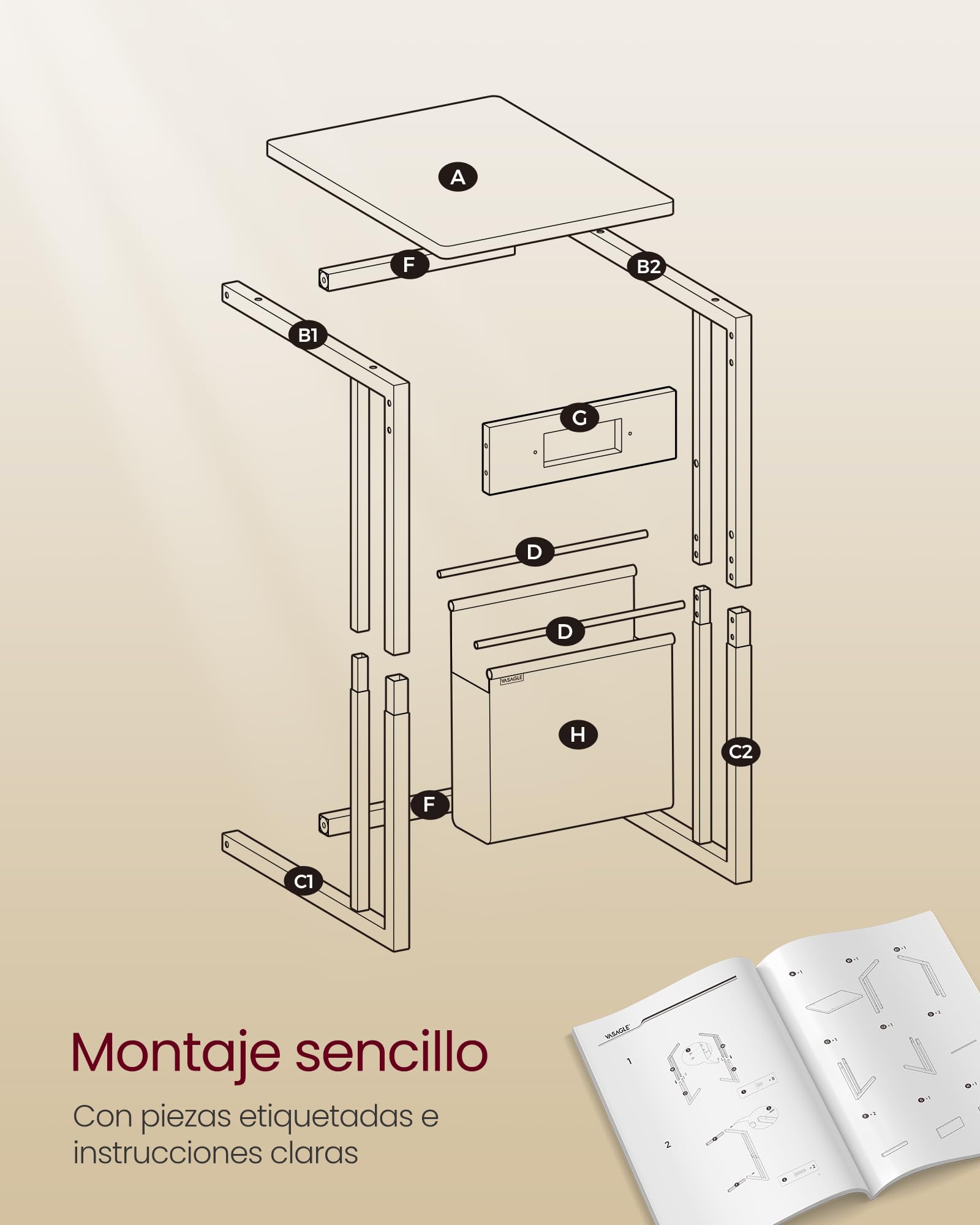 VASAGLE LET356B02V1 - Mesa Auxiliar con múltiples enchufes, Punta de sofá en Forma de C, para Espacios pequeños, 2 Puertos USB y enchufes, Bolsa, Patas Ajustables, para Dormitorio, Sala de Estar