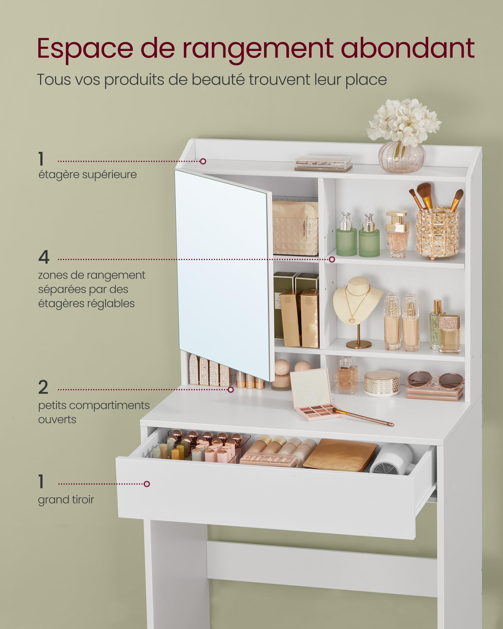 VASAGLE KAILYN Collection - Coiffeuse, Table de maquillage, avec miroir, avec placard de rangement et tiroir, étagères réglables, coin beauté, style moderne, 70 x 40 x 136 cm, Blanc RDT118W01