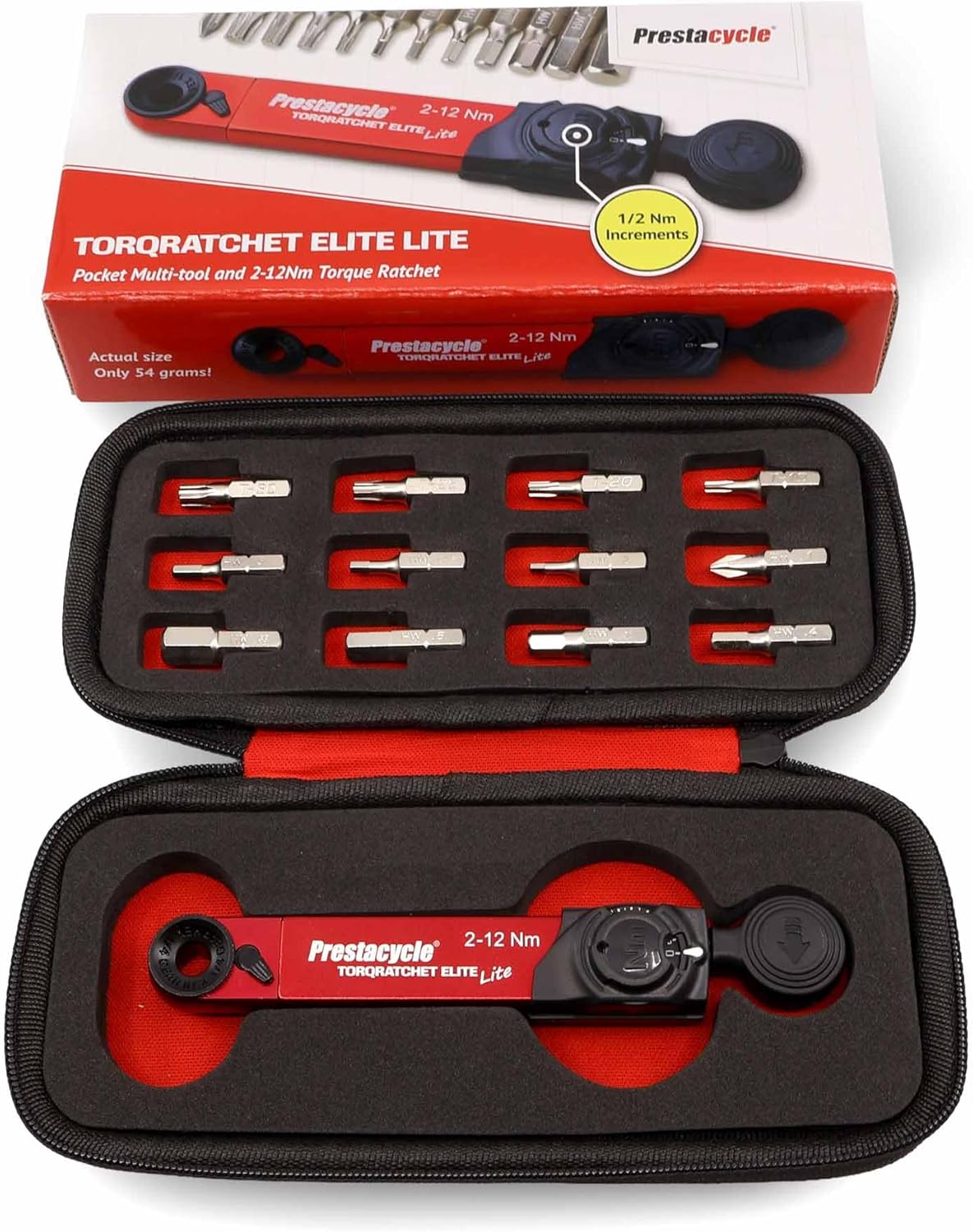 Prestacycle TorqRatchet ELITE Lite Portable Bicycle Torque Wrench Multi-Tool – 2–12Nm Beam Torque, Reversible Ratchet, 1/4” Hex Bits, Lightweight Bike Tool with Carry Case