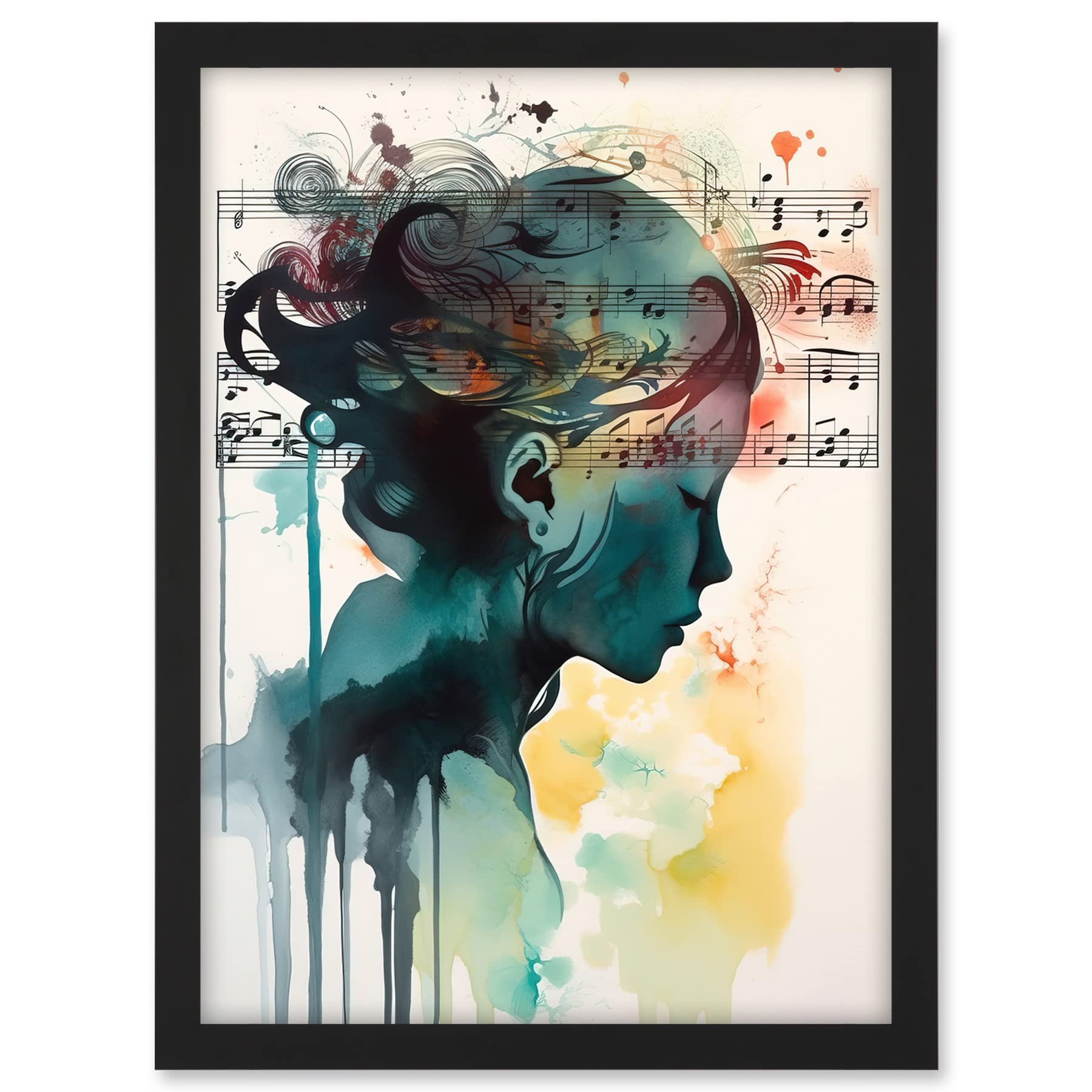 Artery8 Music on my Mind Singing in my Head Modern Portrait Watercolour Illustration Artwork Framed A3 Wall Art Print