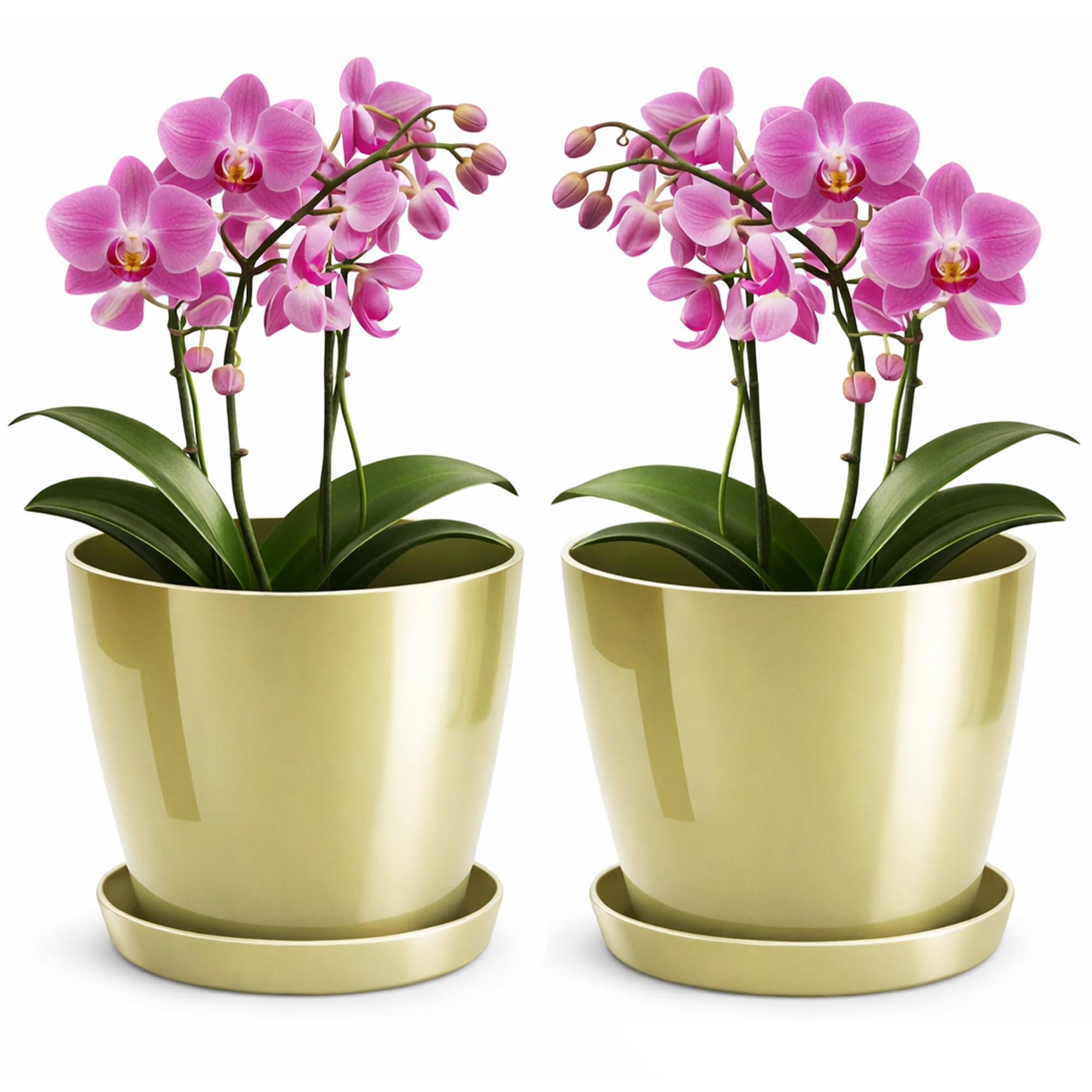 PECZEKO Shiny Flower Pot, Plastic Planter, Decorative Pot for Large and Small Plants, Set of 2 Flower Tubs with Saucer, Flower Pot Herb Pot, Gold, Diameter 12 cm