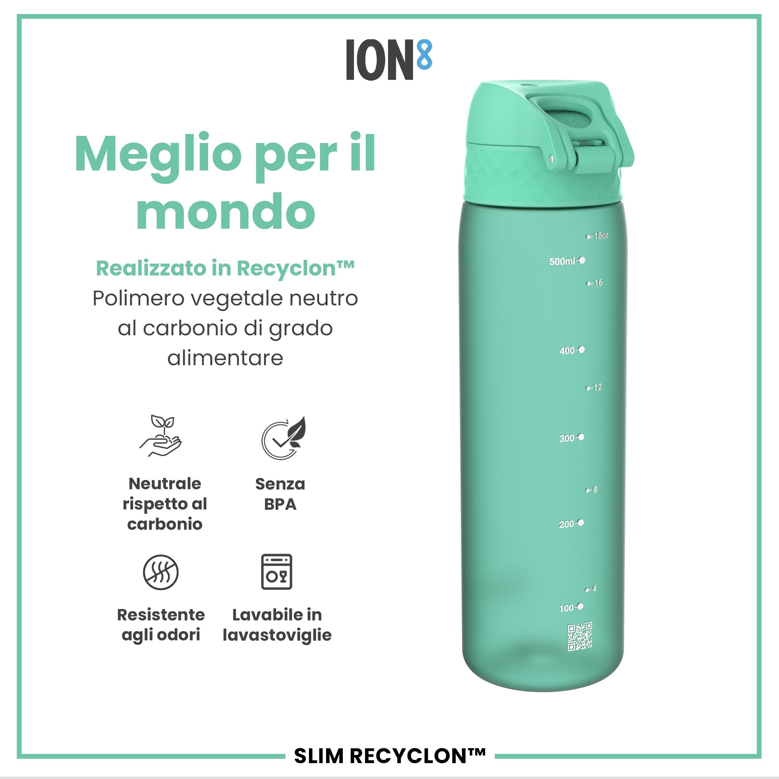Ion8 Borraccia a Prova di Perdite, 500ml, Facile da Aprire, Serratura Sicura, Lavabile in Lavastoviglie, Senza BPA, Maniglia per il Trasporto, Adatta a Portabicchieri, Facile Pulizia, Verde Petrolio