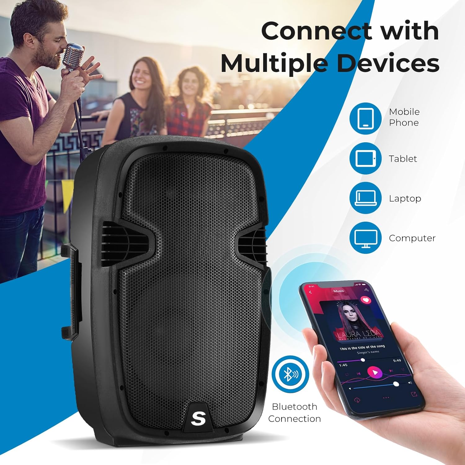 COSTWAY 2-Way 15'' Speaker System, All-in-One Speaker Set, Bluetooth, USB, SD, Wired Microphone, Adjustable and Sturdy Stand, Easy to Carry with Built-in Rod, Wide Application in Anniversary
