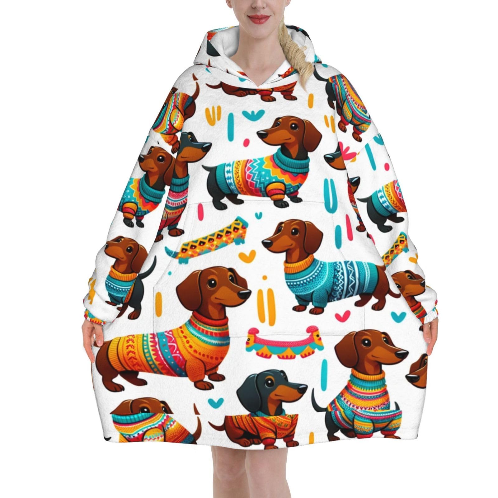 Oversized Flannel Wearable Blanket Hoodie For Adult Dachshund-In-Colorful-Sweaters Soft Fuzzy Hooded Lounging Pullover